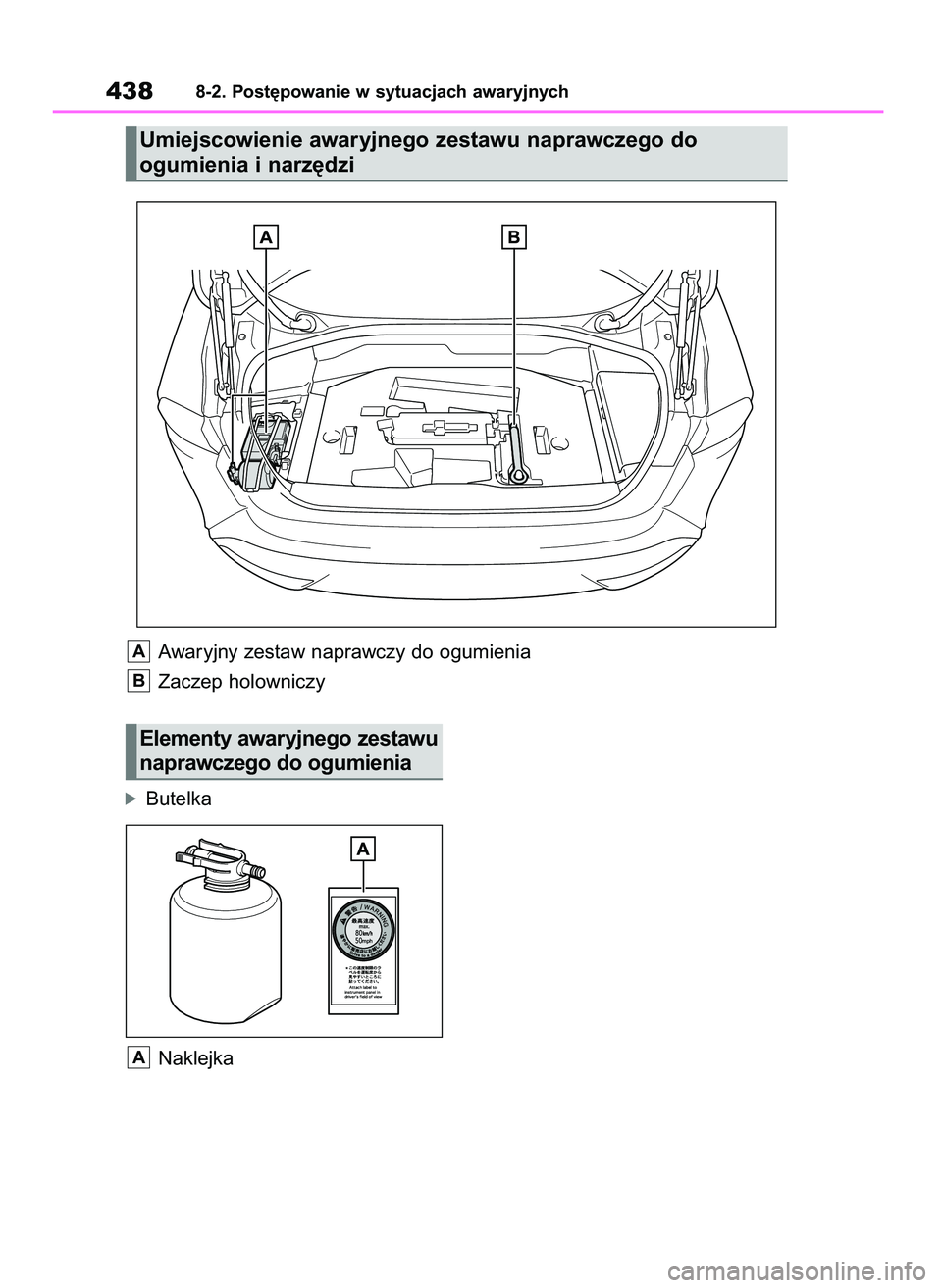 TOYOTA MIRAI 2021 Instrukcja obsługi (in Polish) 4388-2. Post´powanie w sytuacjach awaryjnych
Umiejscowienie awaryjnego zestawu naprawczego do
ogumienia i narz´dzi
Awaryjny zestaw naprawczy do ogumienia
Zaczep holowniczy
B
A
óButelka
Naklejka
A
TOYOTA MIRAI 2021 Instrukcja obsługi (in Polish) 4388-2. Post´powanie w sytuacjach awaryjnych
Umiejscowienie awaryjnego zestawu naprawczego do
ogumienia i narz´dzi
Awaryjny zestaw naprawczy do ogumienia
Zaczep holowniczy
B
A
óButelka
Naklejka
A