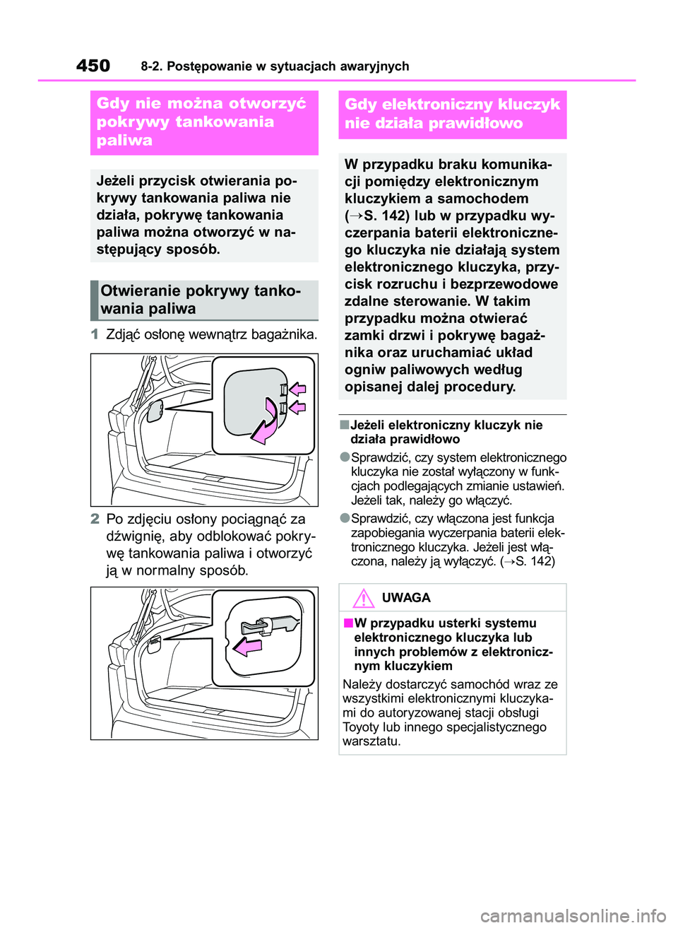 TOYOTA MIRAI 2021  Instrukcja obsługi (in Polish) 1Zdjàç os∏on´ wewnàtrz baga˝nika.
2Po zdj´ciu os∏ony pociàgnàç za
dêwigni´, aby odblokowaç pokry-
w´ tankowania paliwa i otworzyç
jà w normalny sposób.
Je˝eli elektroniczny kluczy