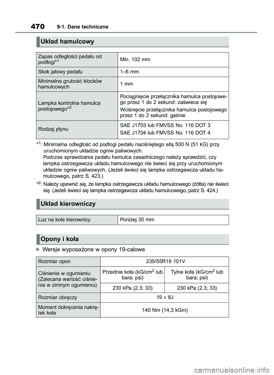 TOYOTA MIRAI 2021  Instrukcja obsługi (in Polish) *1: Minimalna odleg∏oÊç od pod∏ogi peda∏u naciÊni´tego si∏à 500 N (51 kG) przy
uruchomionym uk∏adzie ogniw paliwowych.
Podczas sprawdzania peda∏u hamulca zasadniczego nale˝y sprawdzi