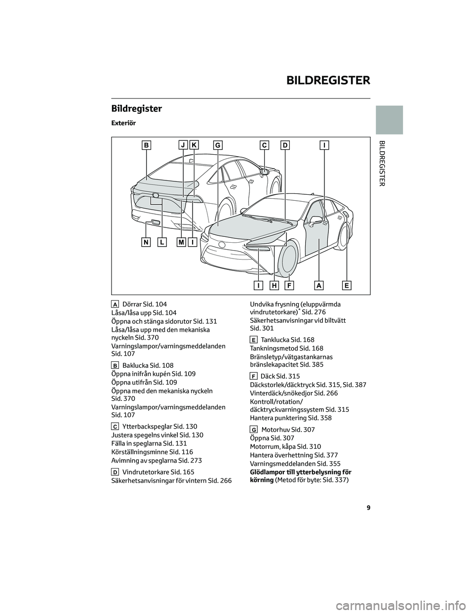 TOYOTA MIRAI 2021  Bruksanvisningar (in Swedish) Bildregister
Exteriör
ADörrar Sid. 104
Låsa/låsa upp Sid. 104
Öppna och stänga sidorutor Sid. 131
Låsa/låsa upp med den mekaniska
nyckeln Sid. 370
Varningslampor/varningsmeddelanden
Sid. 107
B