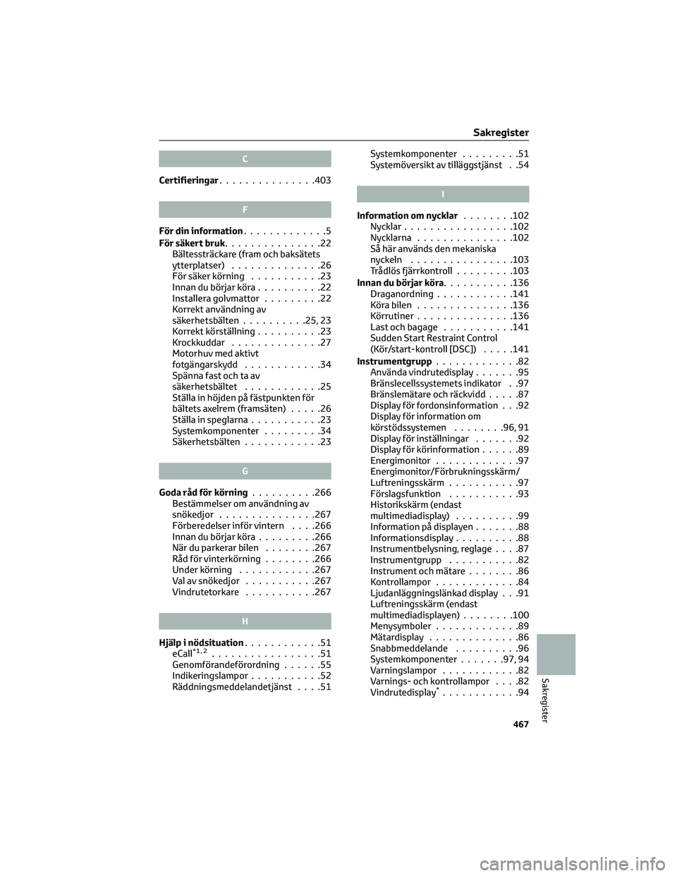 TOYOTA MIRAI 2021  Bruksanvisningar (in Swedish) C
Certifieringar...............403
F
För din information.............5
För säkert bruk...............22
Bältessträckare (fram och baksätets
ytterplatser)..............26
För säker körning....