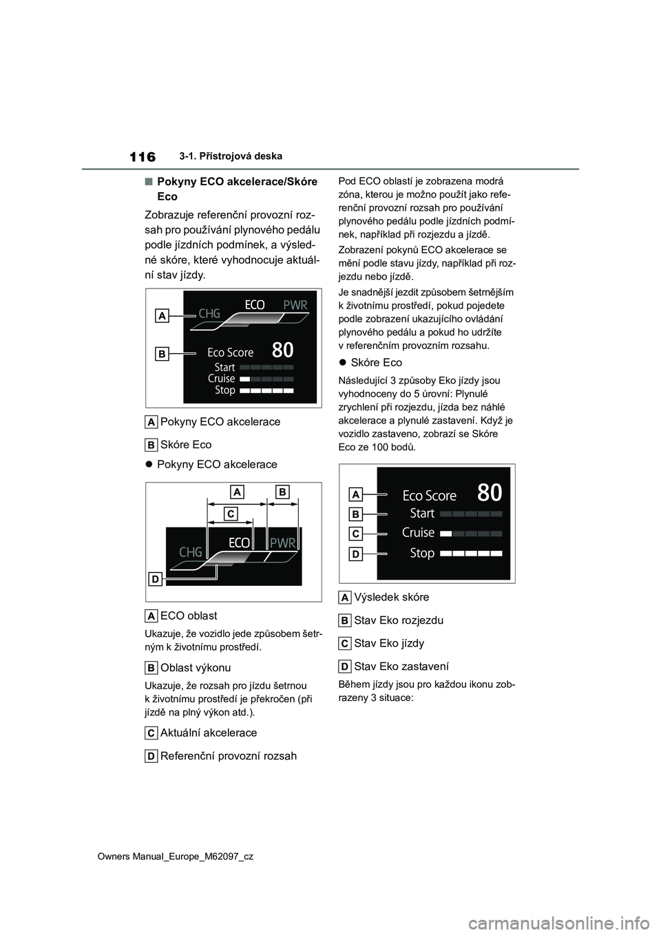 TOYOTA MIRAI 2021 Návod na použití (in Czech) 116
Owners Manual_Europe_M62097_cz
3-1. Přístrojová deska
■Pokyny ECO akcelerace/Skóre
Eco
Zobrazuje referenční provozní roz-
sah pro používání plynového pedálu
podle jízdních po TOYOTA MIRAI 2021 Návod na použití (in Czech) 116
Owners Manual_Europe_M62097_cz
3-1. Přístrojová deska
■Pokyny ECO akcelerace/Skóre
Eco
Zobrazuje referenční provozní roz-
sah pro používání plynového pedálu
podle jízdních po