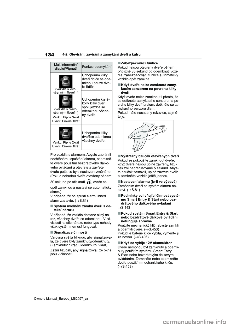 TOYOTA MIRAI 2021  Návod na použití (in Czech) 134
Owners Manual_Europe_M62097_cz
4-2. Otevírání, zavírání a zamykání dveří a kufru 
Pro vozidla s alarmem: Abyste zabránili  
nechtěnému spuštění alarmu, odemkně-
te dveře použit