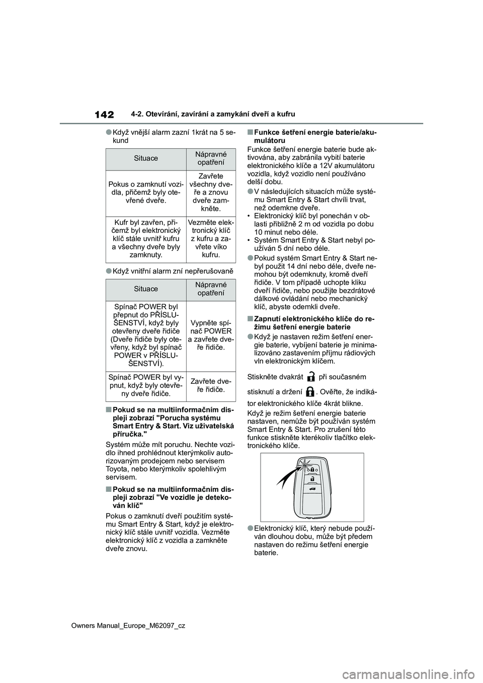 TOYOTA MIRAI 2021 Návod na použití (in Czech) 142
Owners Manual_Europe_M62097_cz
4-2. Otevírání, zavírání a zamykání dveří a kufru
●Když vnější alarm zazní 1krát na 5 se-
kund
●Když vnitřní alarm zní nepřerušovaně
■P TOYOTA MIRAI 2021 Návod na použití (in Czech) 142
Owners Manual_Europe_M62097_cz
4-2. Otevírání, zavírání a zamykání dveří a kufru
●Když vnější alarm zazní 1krát na 5 se-
kund
●Když vnitřní alarm zní nepřerušovaně
■P