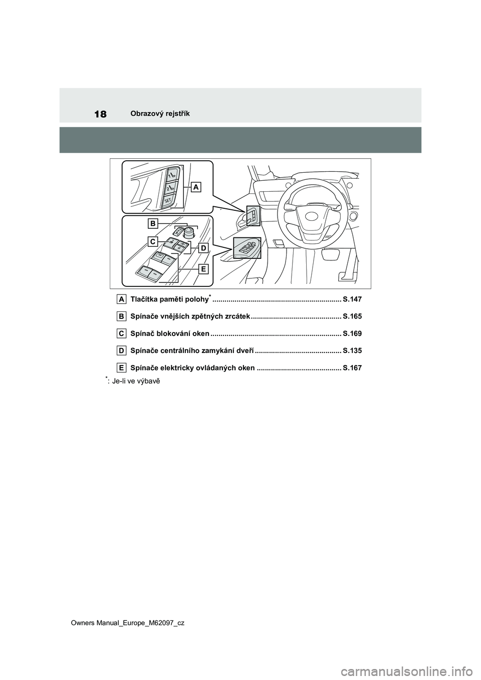 TOYOTA MIRAI 2021 Návod na použití (in Czech) 18
Owners Manual_Europe_M62097_cz
Obrazový rejstřík
Tlačítka paměti polohy*............................................................... .S.147
Spínače vnějších zpětných zrcátek .... TOYOTA MIRAI 2021 Návod na použití (in Czech) 18
Owners Manual_Europe_M62097_cz
Obrazový rejstřík
Tlačítka paměti polohy*............................................................... .S.147
Spínače vnějších zpětných zrcátek ....