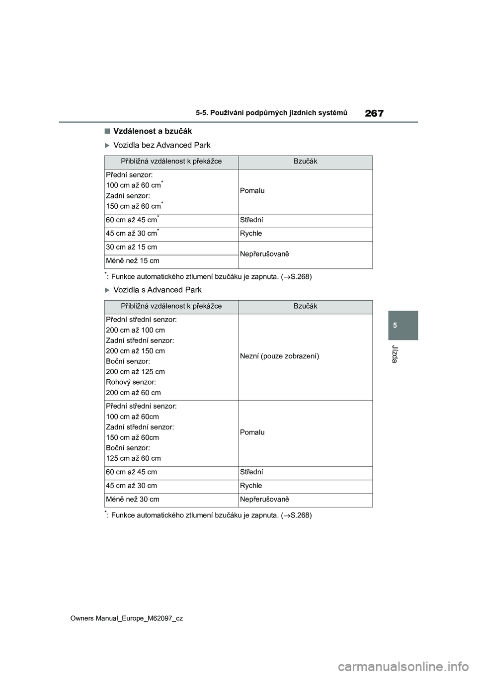 TOYOTA MIRAI 2021  Návod na použití (in Czech) 267
5
Owners Manual_Europe_M62097_cz
5-5. Používání podpůrných jízdních systémů
Jízda
■Vzdálenost a bzučák
Vozidla bez Advanced Park
*: Funkce automatického ztlumení bzučáku je 