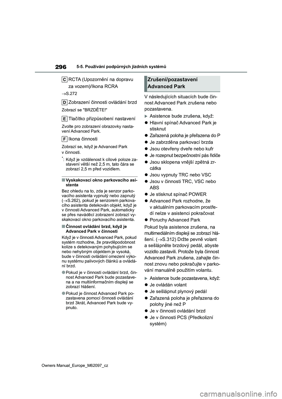 TOYOTA MIRAI 2021 Návod na použití (in Czech) 296
Owners Manual_Europe_M62097_cz
5-5. Používání podpůrných jízdních systémů
RCTA (Upozornění na dopravu
za vozem)/Ikona RCRA
S.272
Zobrazení činnosti ovládání brzd
Zobrazí se TOYOTA MIRAI 2021 Návod na použití (in Czech) 296
Owners Manual_Europe_M62097_cz
5-5. Používání podpůrných jízdních systémů
RCTA (Upozornění na dopravu
za vozem)/Ikona RCRA
S.272
Zobrazení činnosti ovládání brzd
Zobrazí se