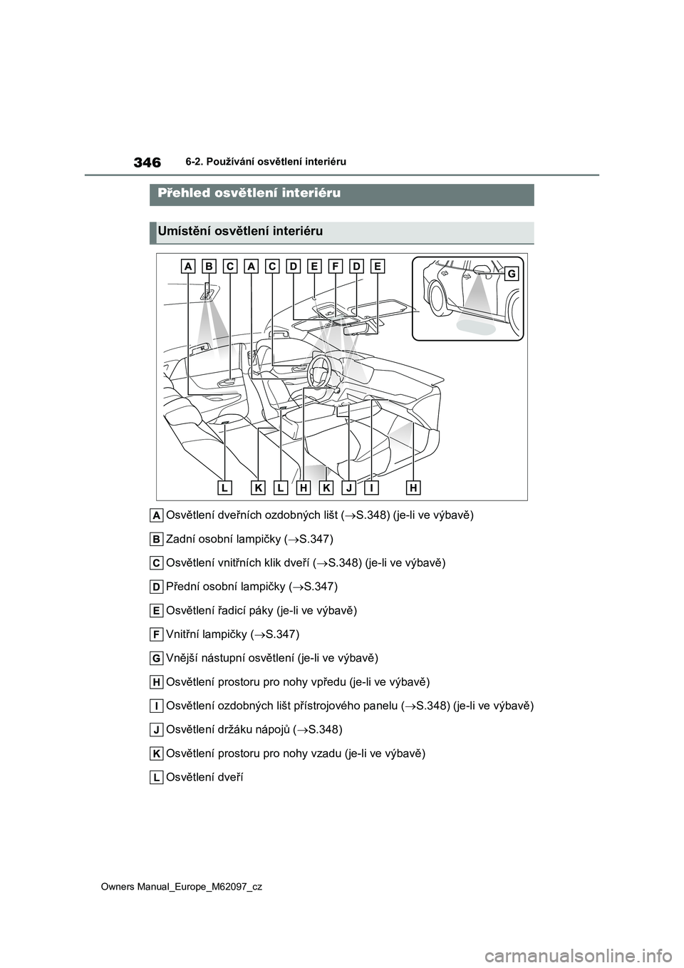 TOYOTA MIRAI 2021 Návod na použití (in Czech) 346
Owners Manual_Europe_M62097_cz
6-2. Používání osvětlení interiéru
6-2.Používání osvětlení interiéru
Osvětlení dveřních ozdobných lišt (S.348) (je-li ve výbavě)
Zadní oso TOYOTA MIRAI 2021 Návod na použití (in Czech) 346
Owners Manual_Europe_M62097_cz
6-2. Používání osvětlení interiéru
6-2.Používání osvětlení interiéru
Osvětlení dveřních ozdobných lišt (S.348) (je-li ve výbavě)
Zadní oso