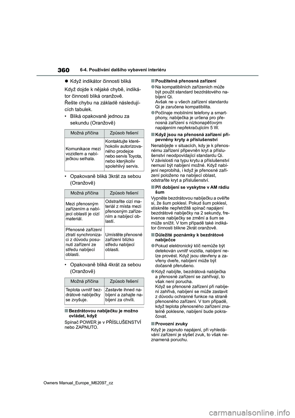 TOYOTA MIRAI 2021  Návod na použití (in Czech) 360
Owners Manual_Europe_M62097_cz
6-4. Používání dalšího vybavení interiéru
Když indikátor činnosti bliká
Když dojde k nějaké chybě, indiká-
tor činnosti bliká oranžově.
Řeš