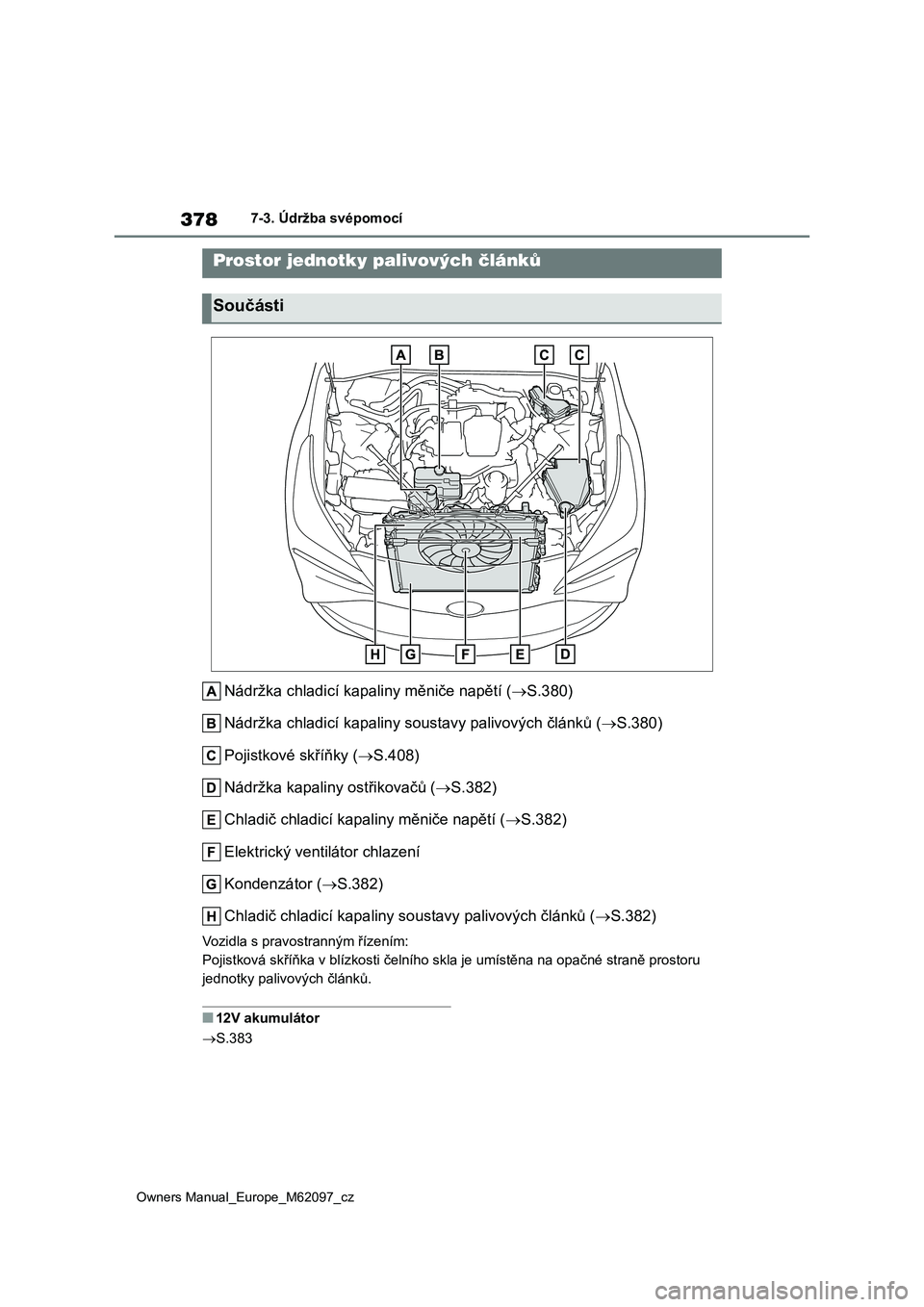 TOYOTA MIRAI 2021 Návod na použití (in Czech) 378
Owners Manual_Europe_M62097_cz
7-3. Údržba svépomocí
Nádržka chladicí kapaliny měniče napětí (S.380)
Nádržka chladicí kapaliny sous tavy palivových článků (S.380)
Pojistk TOYOTA MIRAI 2021 Návod na použití (in Czech) 378
Owners Manual_Europe_M62097_cz
7-3. Údržba svépomocí
Nádržka chladicí kapaliny měniče napětí (S.380)
Nádržka chladicí kapaliny sous tavy palivových článků (S.380)
Pojistk