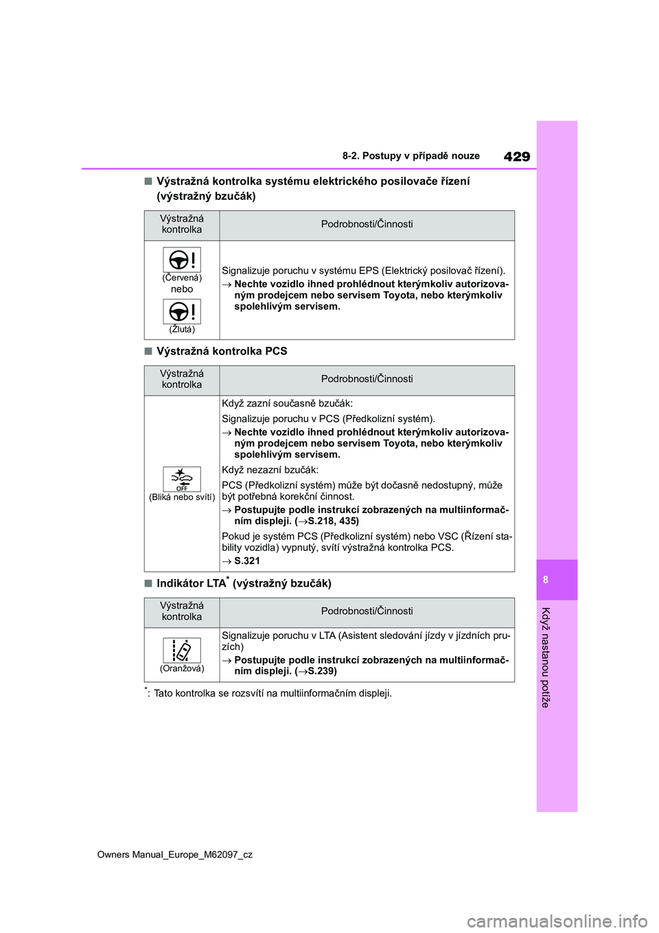 TOYOTA MIRAI 2021 Návod na použití (in Czech) 429
8
Owners Manual_Europe_M62097_cz
8-2. Postupy v případě nouze
Když nastanou potíže
■Výstražná kontrolka systému elektrického posilovače řízení
(výstražný bzučák)
■Výstra TOYOTA MIRAI 2021 Návod na použití (in Czech) 429
8
Owners Manual_Europe_M62097_cz
8-2. Postupy v případě nouze
Když nastanou potíže
■Výstražná kontrolka systému elektrického posilovače řízení
(výstražný bzučák)
■Výstra