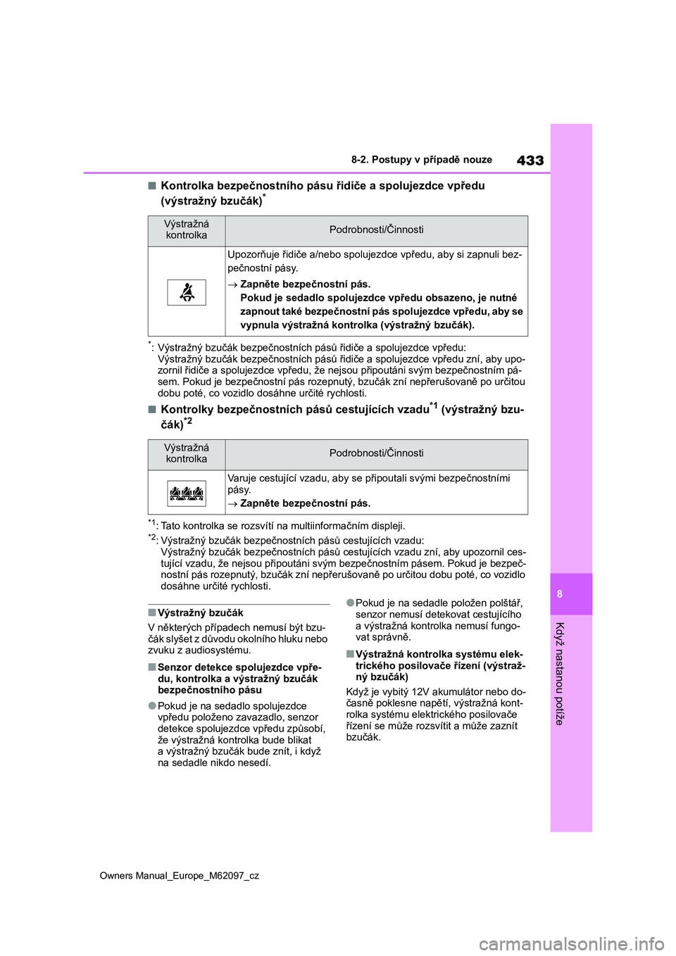 TOYOTA MIRAI 2021 Návod na použití (in Czech) 433
8
Owners Manual_Europe_M62097_cz
8-2. Postupy v případě nouze
Když nastanou potíže
■Kontrolka bezpečnostního pásu řidiče a spolujezdce vpředu
(výstražný bzučák)*
*: Výstražn TOYOTA MIRAI 2021 Návod na použití (in Czech) 433
8
Owners Manual_Europe_M62097_cz
8-2. Postupy v případě nouze
Když nastanou potíže
■Kontrolka bezpečnostního pásu řidiče a spolujezdce vpředu
(výstražný bzučák)*
*: Výstražn