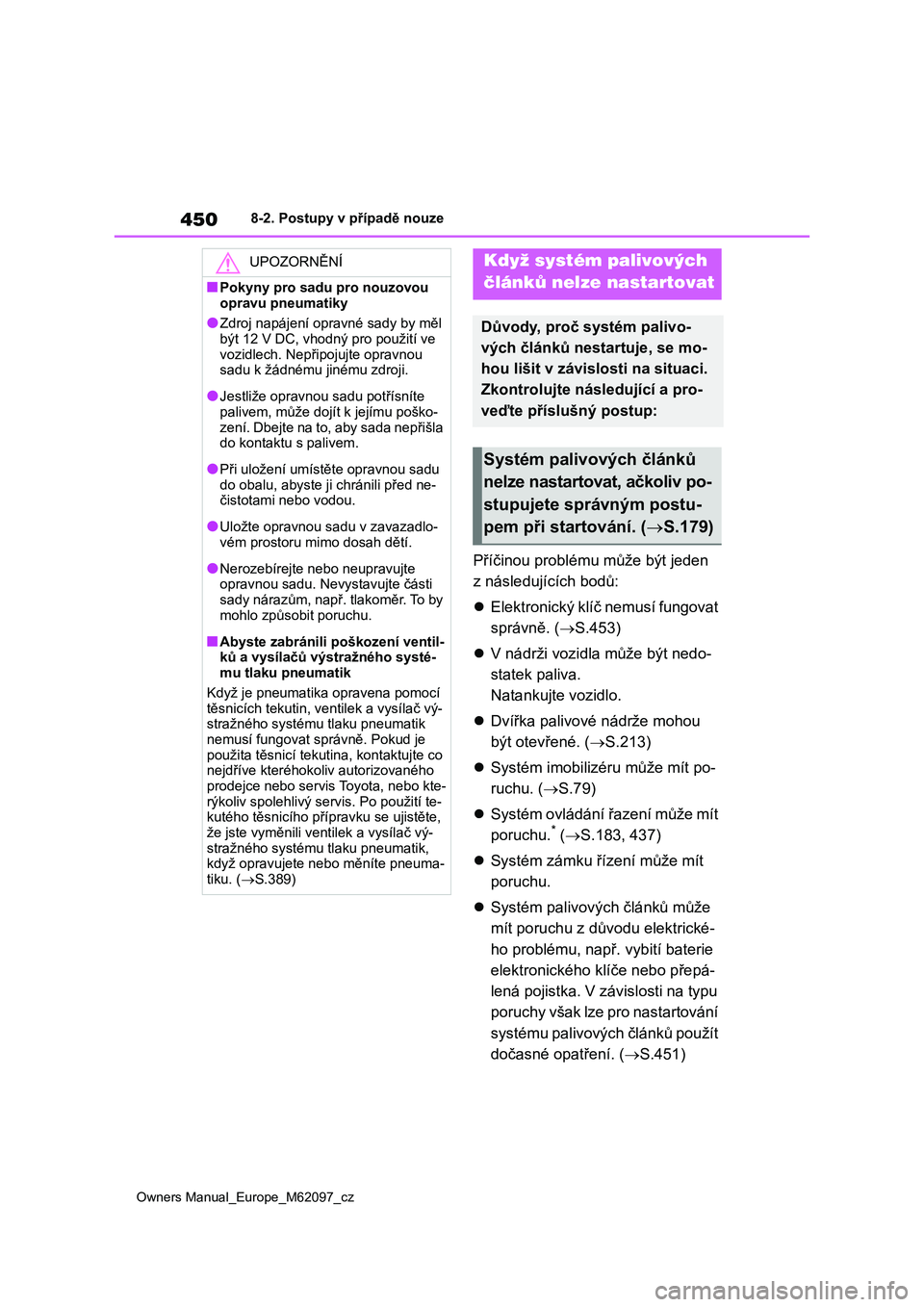TOYOTA MIRAI 2021  Návod na použití (in Czech) 450
Owners Manual_Europe_M62097_cz
8-2. Postupy v případě nouze
Příčinou problému může být jeden  
z následujících bodů: 
 Elektronický klíč nemusí fungovat  
správně. ( S.45
