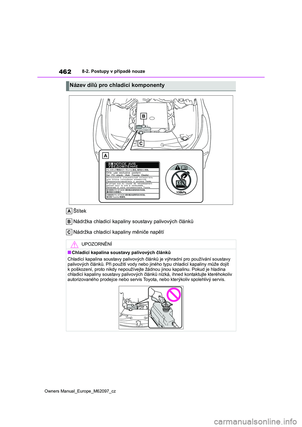 TOYOTA MIRAI 2021 Návod na použití (in Czech) 462
Owners Manual_Europe_M62097_cz
8-2. Postupy v případě nouze
Štítek
Nádržka chladicí kapaliny so ustavy palivových článků
Nádržka chladicí kapaliny měniče napětí
Název dílů TOYOTA MIRAI 2021 Návod na použití (in Czech) 462
Owners Manual_Europe_M62097_cz
8-2. Postupy v případě nouze
Štítek
Nádržka chladicí kapaliny so ustavy palivových článků
Nádržka chladicí kapaliny měniče napětí
Název dílů