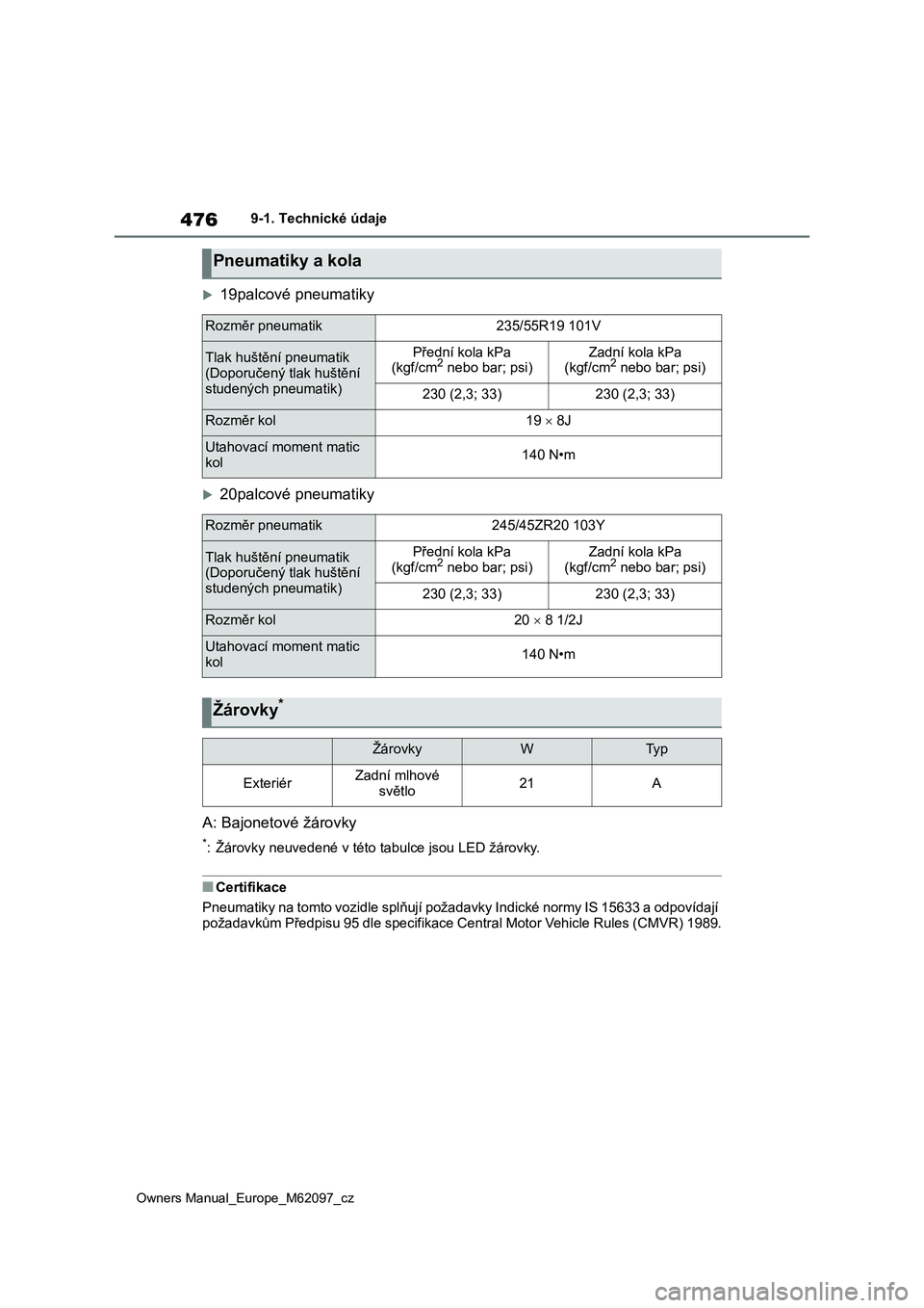TOYOTA MIRAI 2021 Návod na použití (in Czech) 476
Owners Manual_Europe_M62097_cz
9-1. Technické údaje
19palcové pneumatiky
20palcové pneumatiky
A: Bajonetové žárovky
*: Žárovky neuvedené v této tabulce jsou LED žárovky.
■Cert TOYOTA MIRAI 2021 Návod na použití (in Czech) 476
Owners Manual_Europe_M62097_cz
9-1. Technické údaje
19palcové pneumatiky
20palcové pneumatiky
A: Bajonetové žárovky
*: Žárovky neuvedené v této tabulce jsou LED žárovky.
■Cert