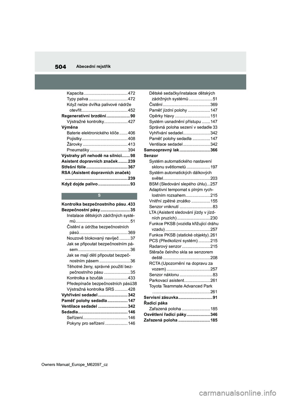 TOYOTA MIRAI 2021 Návod na použití (in Czech) 504
Owners Manual_Europe_M62097_cz
Abecední rejstřík
Kapacita ..................................... 472
Typy paliva ................................. 472
Když nelze dvířka palivové nádrže
ot TOYOTA MIRAI 2021 Návod na použití (in Czech) 504
Owners Manual_Europe_M62097_cz
Abecední rejstřík
Kapacita ..................................... 472
Typy paliva ................................. 472
Když nelze dvířka palivové nádrže
ot