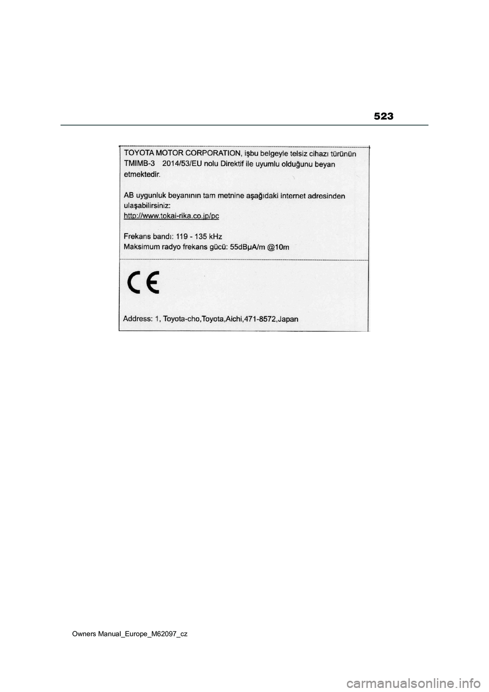 TOYOTA MIRAI 2021  Návod na použití (in Czech) 523
Owners Manual_Europe_M62097_cz 