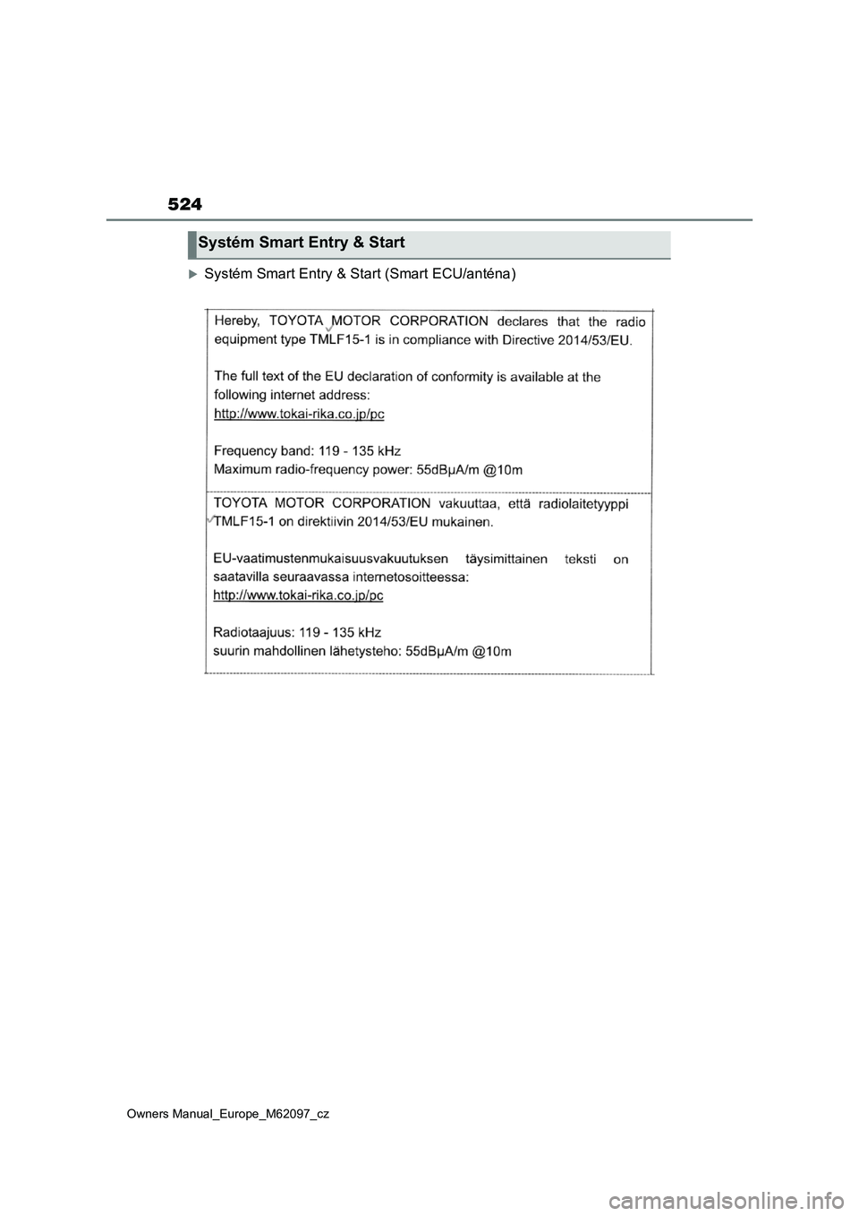 TOYOTA MIRAI 2021  Návod na použití (in Czech) 524
Owners Manual_Europe_M62097_cz
Systém Smart Entry & Start (Smart ECU/anténa)
Systém Smart Entry & Start 