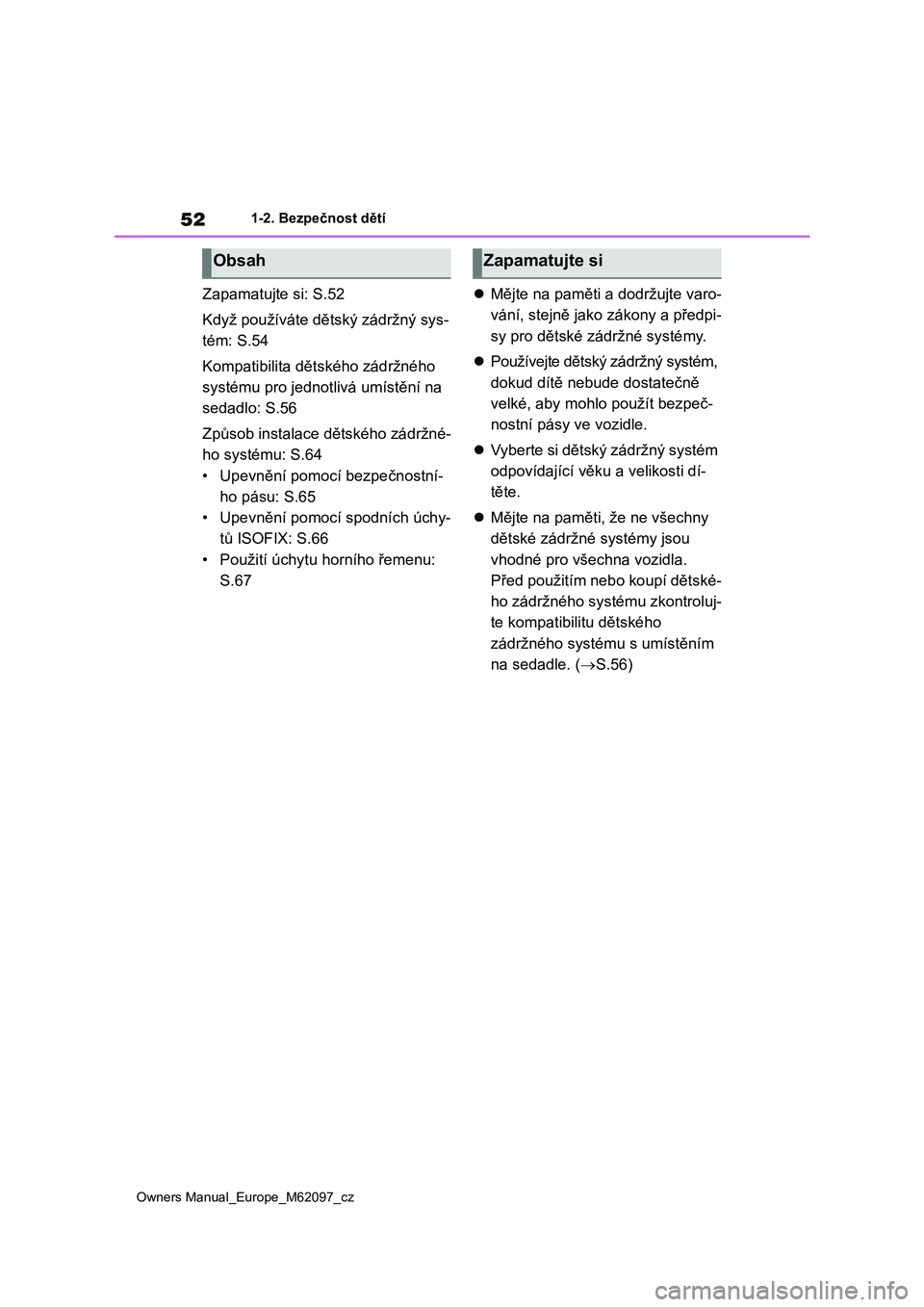 TOYOTA MIRAI 2021 Návod na použití (in Czech) 52
Owners Manual_Europe_M62097_cz
1-2. Bezpečnost dětí
Zapamatujte si: S.52
Když používáte dětský zádržný sys-
tém: S.54
Kompatibilita dětského zádržného
systému pro jednotlivá um TOYOTA MIRAI 2021 Návod na použití (in Czech) 52
Owners Manual_Europe_M62097_cz
1-2. Bezpečnost dětí
Zapamatujte si: S.52
Když používáte dětský zádržný sys-
tém: S.54
Kompatibilita dětského zádržného
systému pro jednotlivá um