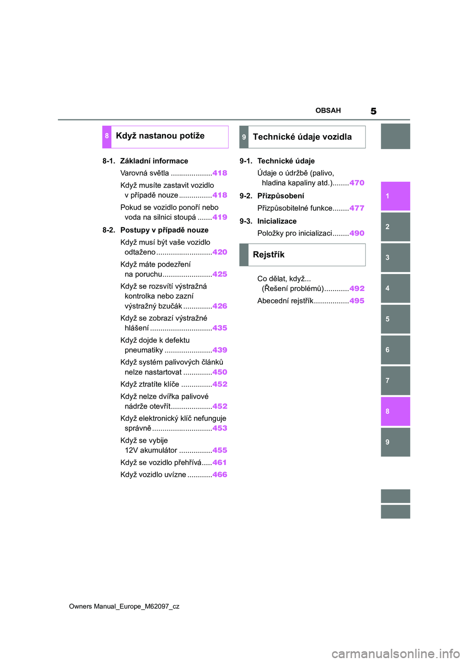 TOYOTA MIRAI 2021  Návod na použití (in Czech) 5
Owners Manual_Europe_M62097_cz
OBSAH
1
6 5
4
3
2
7
8
9
8-1. Základní informace
Varovná světla ....................418
Když musíte zastavit vozidlo 
v případě nouze ................418
Pokud