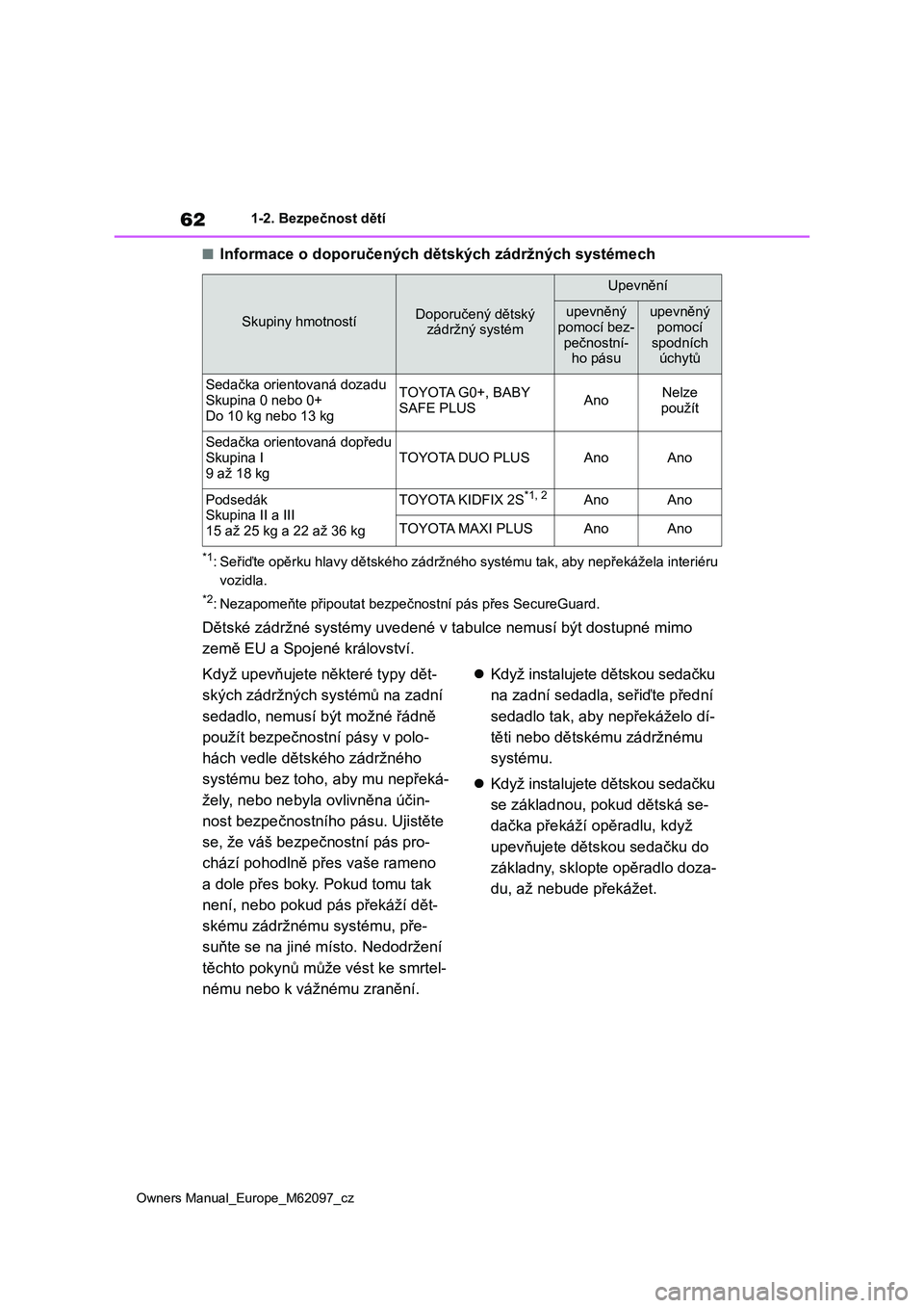 TOYOTA MIRAI 2021 Návod na použití (in Czech) 62
Owners Manual_Europe_M62097_cz
1-2. Bezpečnost dětí
■Informace o doporučených dětských zádržných systémech
*1: Seřiďte opěrku hlavy dětského zádržného systému tak, aby nepřek TOYOTA MIRAI 2021 Návod na použití (in Czech) 62
Owners Manual_Europe_M62097_cz
1-2. Bezpečnost dětí
■Informace o doporučených dětských zádržných systémech
*1: Seřiďte opěrku hlavy dětského zádržného systému tak, aby nepřek