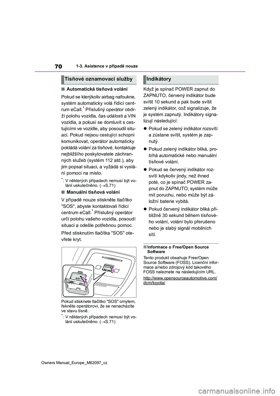 TOYOTA MIRAI 2021 Návod na použití (in Czech) 70
Owners Manual_Europe_M62097_cz
1-3. Asistence v případě nouze
■Automatická tísňová volání
Pokud se kterýkoliv airbag nafoukne,
systém automaticky volá řídicí cent-
rum eCall.* P TOYOTA MIRAI 2021 Návod na použití (in Czech) 70
Owners Manual_Europe_M62097_cz
1-3. Asistence v případě nouze
■Automatická tísňová volání
Pokud se kterýkoliv airbag nafoukne,
systém automaticky volá řídicí cent-
rum eCall.* P