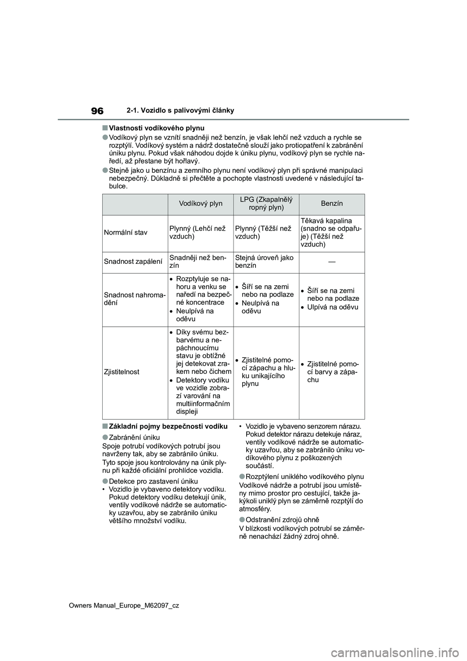 TOYOTA MIRAI 2021  Návod na použití (in Czech) 96
Owners Manual_Europe_M62097_cz
2-1. Vozidlo s palivovými články
■Vlastnosti vodíkového plynu
●Vodíkový plyn se vznítí snadněji než benzín, je však lehčí než vzduch a rychle se 
