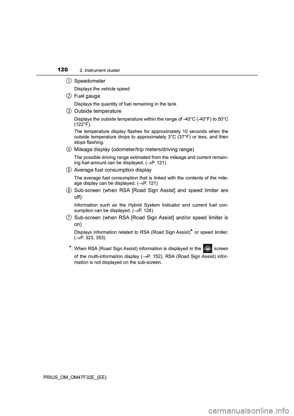 TOYOTA PRIUS 2023  Owners Manual 1202. Instrument cluster
PRIUS_OM_OM47F32E_(EE)
Speedometer
Displays the vehicle speed
Fuel gauge
Displays the quantity of fuel remaining in the tank
Outside temperature
Displays the outside temperatu