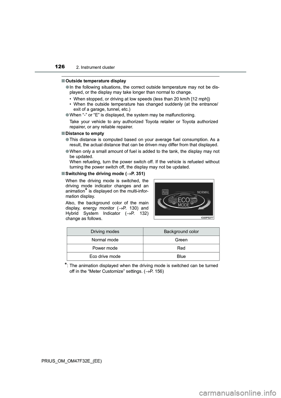 TOYOTA PRIUS 2023  Owners Manual 1262. Instrument cluster
PRIUS_OM_OM47F32E_(EE)
■Outside temperature display
●In the following situations, the correct outside temperature may not be dis-
played, or the display may take longer th