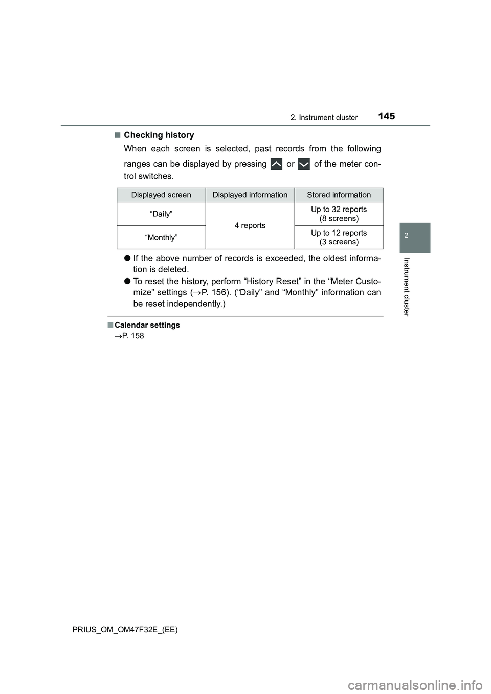 TOYOTA PRIUS 2023 Owners Manual 1452. Instrument cluster
2
Instrument cluster
PRIUS_OM_OM47F32E_(EE)■
Checking history
When each screen is selected, past records from the following
ranges can be displayed by pressing or of the TOYOTA PRIUS 2023 Owners Manual 1452. Instrument cluster
2
Instrument cluster
PRIUS_OM_OM47F32E_(EE)■
Checking history
When each screen is selected, past records from the following
ranges can be displayed by pressing or of the
