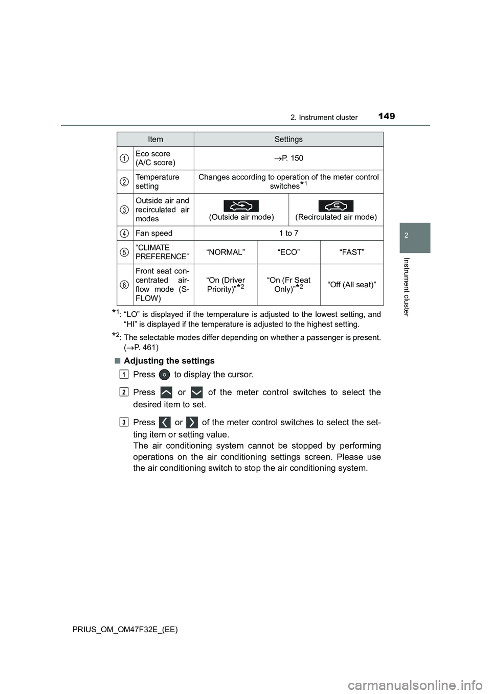 TOYOTA PRIUS 2023  Owners Manual 1492. Instrument cluster
2
Instrument cluster
PRIUS_OM_OM47F32E_(EE)
*1: “LO” is displayed if the temperature is adjusted to the lowest setting, and
“HI” is displayed if the temperature is adj