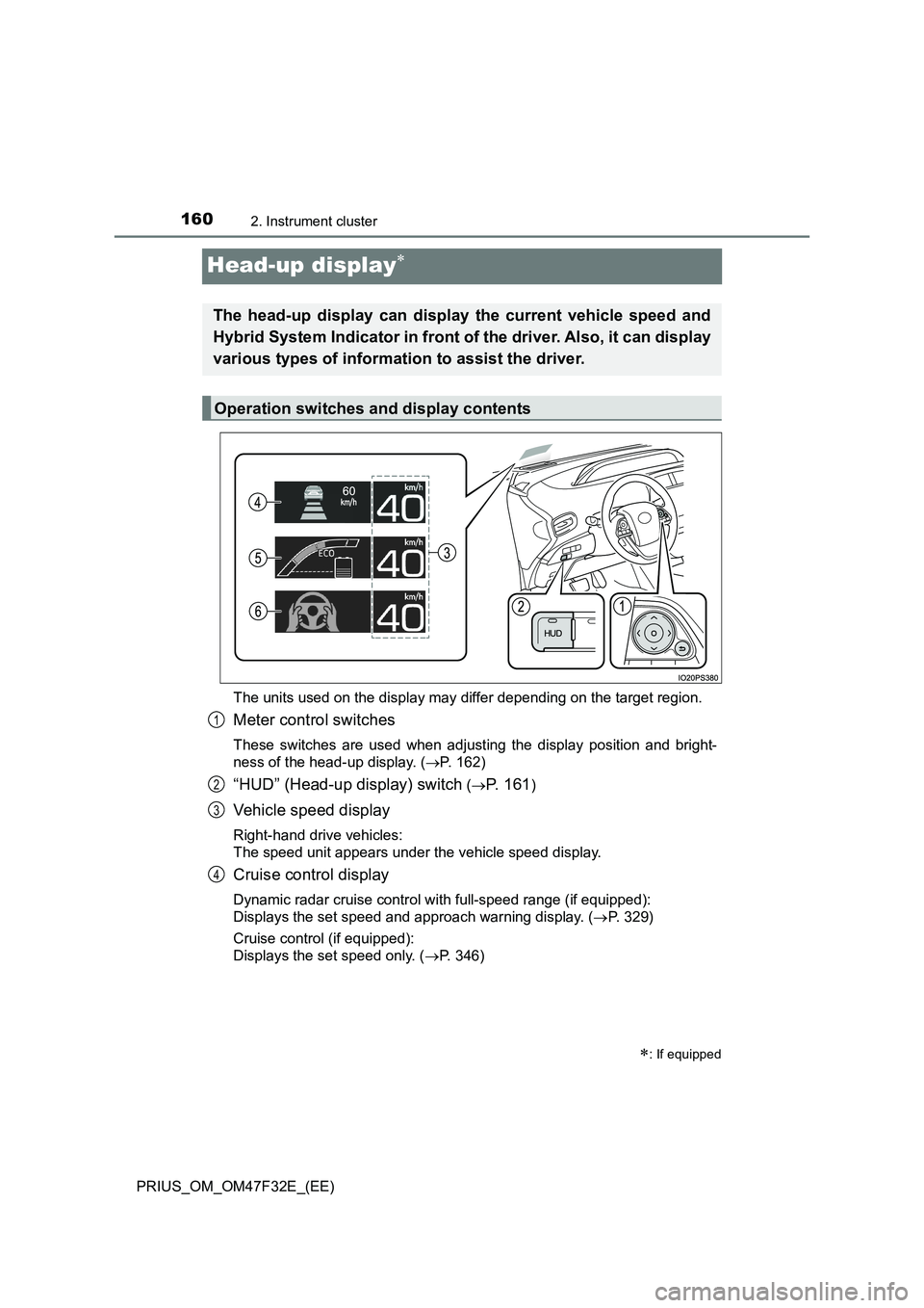 TOYOTA PRIUS 2023 Owners Manual 1602. Instrument cluster
PRIUS_OM_OM47F32E_(EE)
Head-up display
The units used on the display may differ depending on the target region.
Meter control switches
These switches are used when adjustin TOYOTA PRIUS 2023 Owners Manual 1602. Instrument cluster
PRIUS_OM_OM47F32E_(EE)
Head-up display
The units used on the display may differ depending on the target region.
Meter control switches
These switches are used when adjustin