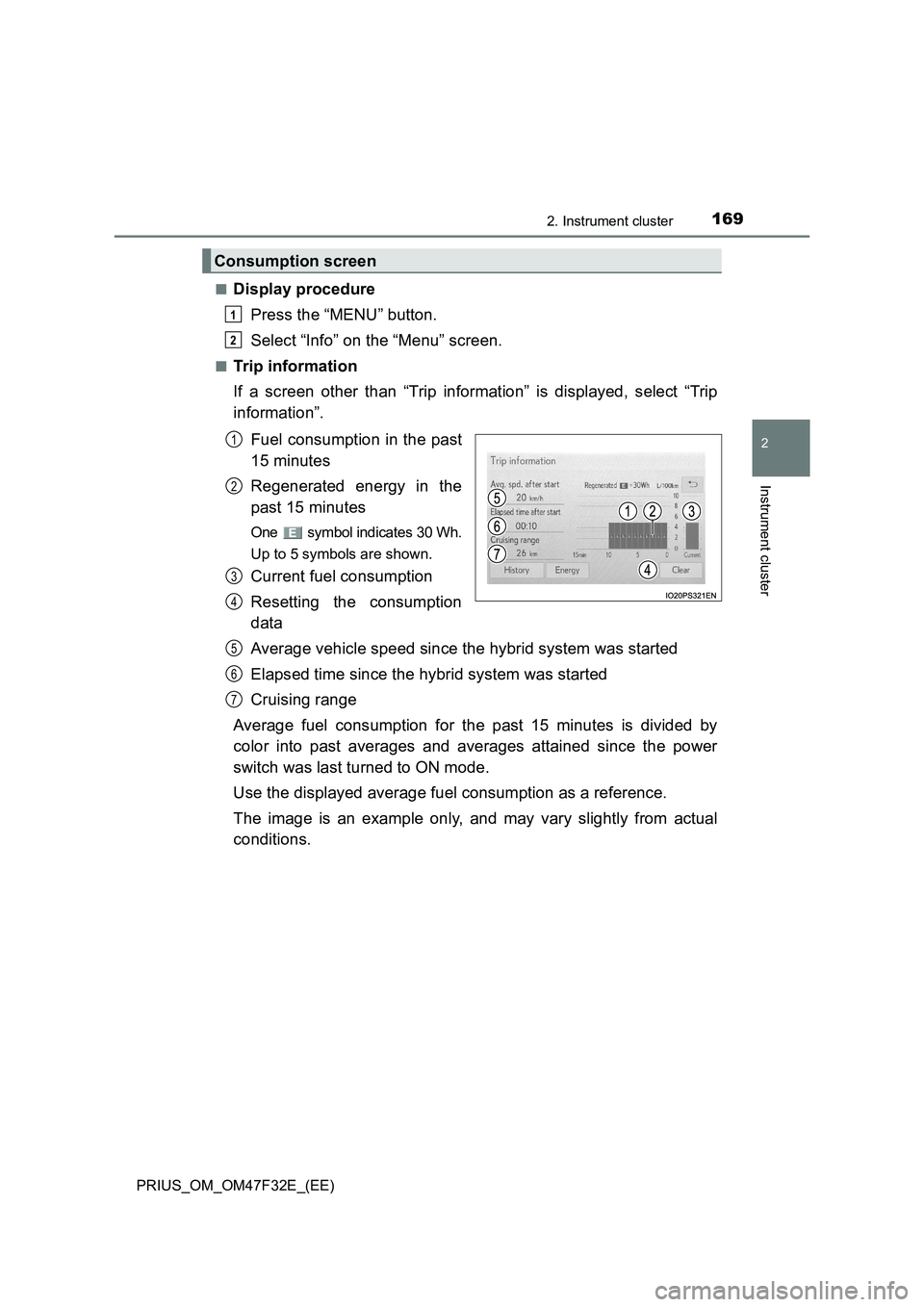 TOYOTA PRIUS 2023 Owners Manual 1692. Instrument cluster
2
Instrument cluster
PRIUS_OM_OM47F32E_(EE)■
Display procedure
Press the “MENU” button.
Select “Info” on the “Menu” screen.
■Trip information
If a screen other TOYOTA PRIUS 2023 Owners Manual 1692. Instrument cluster
2
Instrument cluster
PRIUS_OM_OM47F32E_(EE)■
Display procedure
Press the “MENU” button.
Select “Info” on the “Menu” screen.
■Trip information
If a screen other