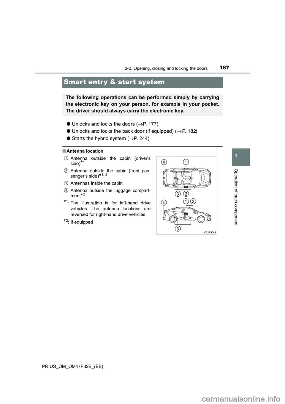 TOYOTA PRIUS 2023 Owners Manual 187
3
3-2. Opening, closing and locking the doors
Operation of each component
PRIUS_OM_OM47F32E_(EE)
Smar t entr y & start system
●Unlocks and locks the doors (P. 177)
● Unlocks and locks the TOYOTA PRIUS 2023 Owners Manual 187
3
3-2. Opening, closing and locking the doors
Operation of each component
PRIUS_OM_OM47F32E_(EE)
Smar t entr y & start system
●Unlocks and locks the doors (P. 177)
● Unlocks and locks the