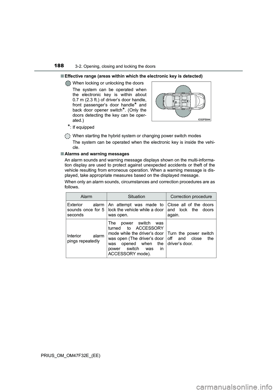 TOYOTA PRIUS 2023 Owners Manual 1883-2. Opening, closing and locking the doors
PRIUS_OM_OM47F32E_(EE)
■ Effective range (areas within which the electronic key is detected)
When starting the hybrid system or changing power switch TOYOTA PRIUS 2023 Owners Manual 1883-2. Opening, closing and locking the doors
PRIUS_OM_OM47F32E_(EE)
■ Effective range (areas within which the electronic key is detected)
When starting the hybrid system or changing power switch