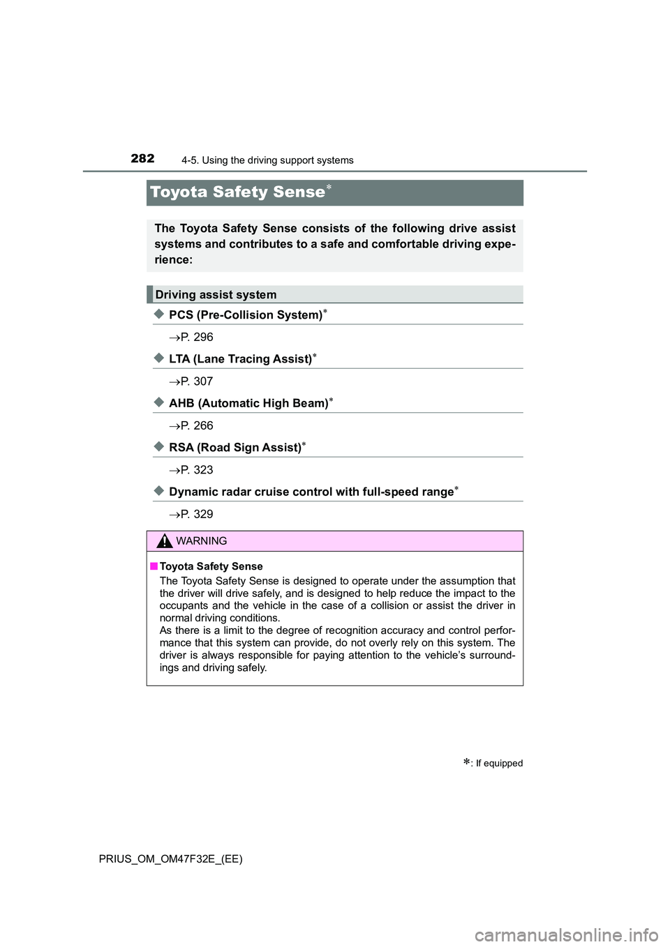 TOYOTA PRIUS 2023 Owners Manual 2824-5. Using the driving support systems
PRIUS_OM_OM47F32E_(EE)
Toyota Safety Sense
◆PCS (Pre-Collision System)
P. 2 9 6
◆LTA (Lane Tracing Assist)
P. 3 0 7
◆AHB (Automatic Hig TOYOTA PRIUS 2023 Owners Manual 2824-5. Using the driving support systems
PRIUS_OM_OM47F32E_(EE)
Toyota Safety Sense
◆PCS (Pre-Collision System)
P. 2 9 6
◆LTA (Lane Tracing Assist)
P. 3 0 7
◆AHB (Automatic Hig