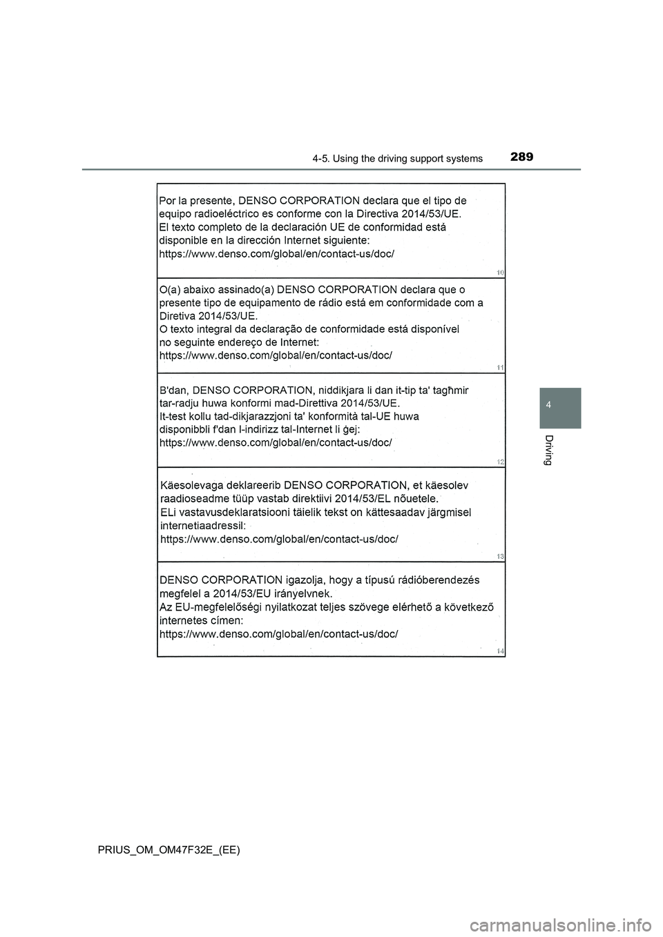 TOYOTA PRIUS 2023  Owners Manual 2894-5. Using the driving support systems
4
Driving
PRIUS_OM_OM47F32E_(EE) 