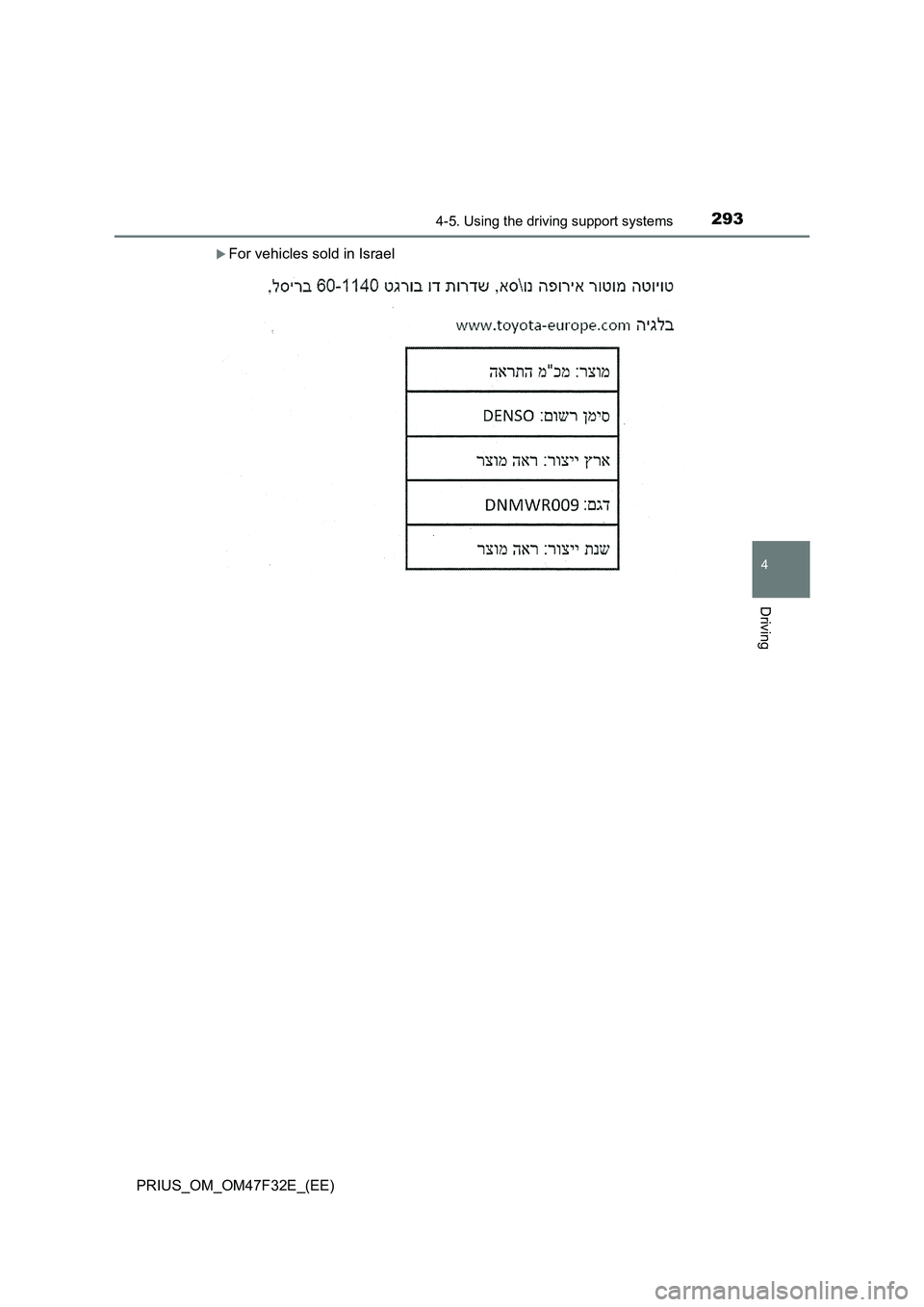 TOYOTA PRIUS 2023  Owners Manual 2934-5. Using the driving support systems
4
Driving
PRIUS_OM_OM47F32E_(EE)
For vehicles sold in Israel 