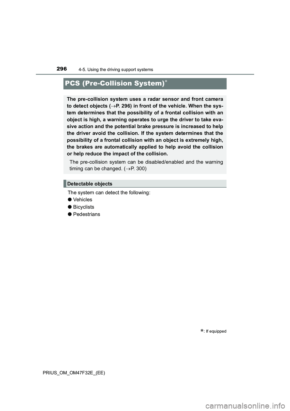 TOYOTA PRIUS 2023  Owners Manual 2964-5. Using the driving support systems
PRIUS_OM_OM47F32E_(EE)
PCS (Pre-Collision System)
The system can detect the following:
●Ve hi cl e s 
●Bicyclists 
●Pedestrians 
: If equipped
The