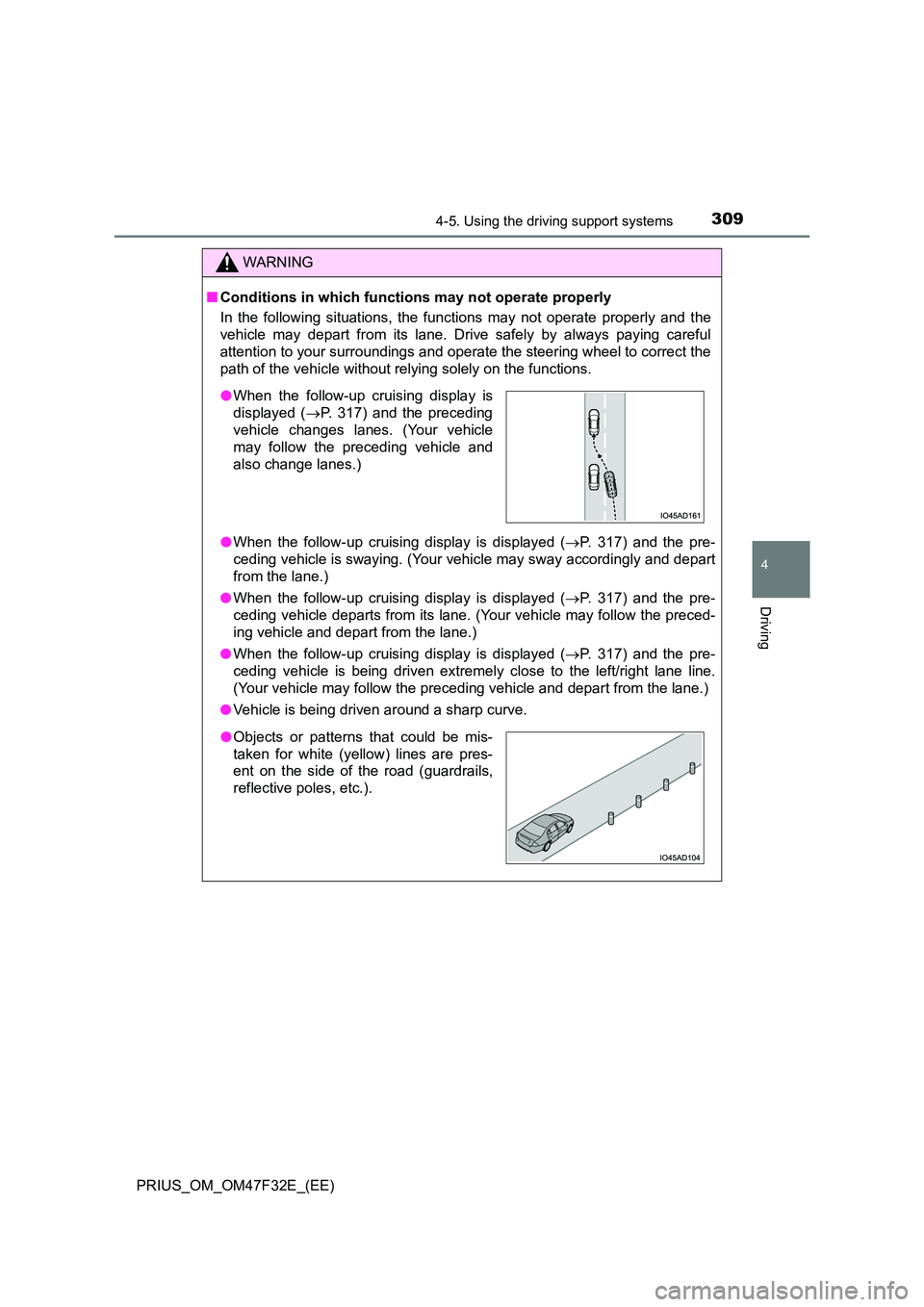 TOYOTA PRIUS 2023 Owners Manual 3094-5. Using the driving support systems
4
Driving
PRIUS_OM_OM47F32E_(EE)
WARNING
■Conditions in which functions may not operate properly
In the following situations, the functions may not operate TOYOTA PRIUS 2023 Owners Manual 3094-5. Using the driving support systems
4
Driving
PRIUS_OM_OM47F32E_(EE)
WARNING
■Conditions in which functions may not operate properly
In the following situations, the functions may not operate