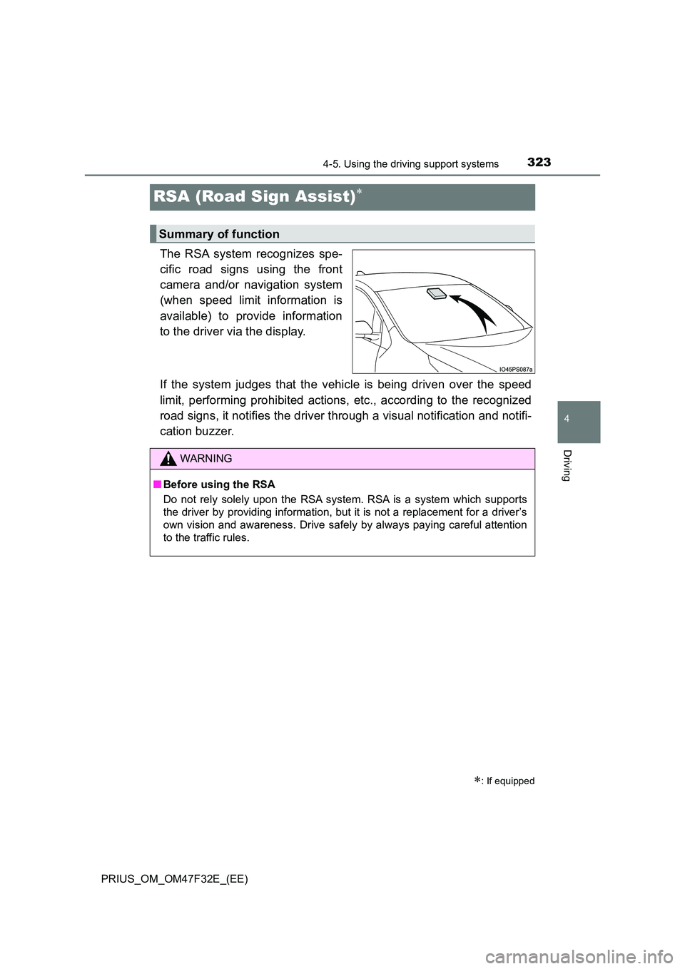 TOYOTA PRIUS 2023 Owners Manual 323
4
4-5. Using the driving support systems
Driving
PRIUS_OM_OM47F32E_(EE)
RSA (Road Sign Assist)
The RSA system recognizes spe-
cific road signs using the front
camera and/or navigation system TOYOTA PRIUS 2023 Owners Manual 323
4
4-5. Using the driving support systems
Driving
PRIUS_OM_OM47F32E_(EE)
RSA (Road Sign Assist)
The RSA system recognizes spe-
cific road signs using the front
camera and/or navigation system