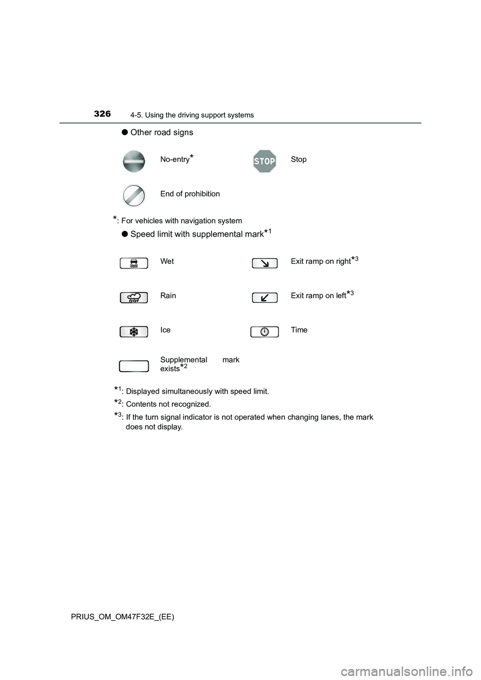 TOYOTA PRIUS 2023 Owners Manual 3264-5. Using the driving support systems
PRIUS_OM_OM47F32E_(EE)
●Other road signs
*: For vehicles with navigation system
●Speed limit with supplemental mark*1
*1: Displayed simultaneously with sp TOYOTA PRIUS 2023 Owners Manual 3264-5. Using the driving support systems
PRIUS_OM_OM47F32E_(EE)
●Other road signs
*: For vehicles with navigation system
●Speed limit with supplemental mark*1
*1: Displayed simultaneously with sp