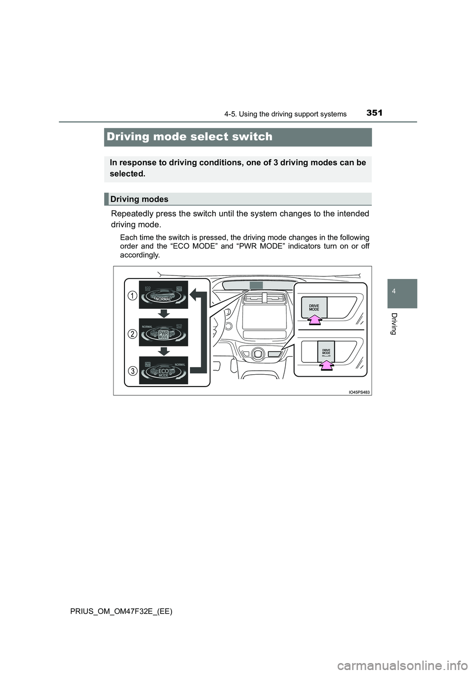 TOYOTA PRIUS 2023 Owners Manual 351
4
4-5. Using the driving support systems
Driving
PRIUS_OM_OM47F32E_(EE)
Driving mode select switch
Repeatedly press the switch until the system changes to the intended
driving mode.
Each time the TOYOTA PRIUS 2023 Owners Manual 351
4
4-5. Using the driving support systems
Driving
PRIUS_OM_OM47F32E_(EE)
Driving mode select switch
Repeatedly press the switch until the system changes to the intended
driving mode.
Each time the
