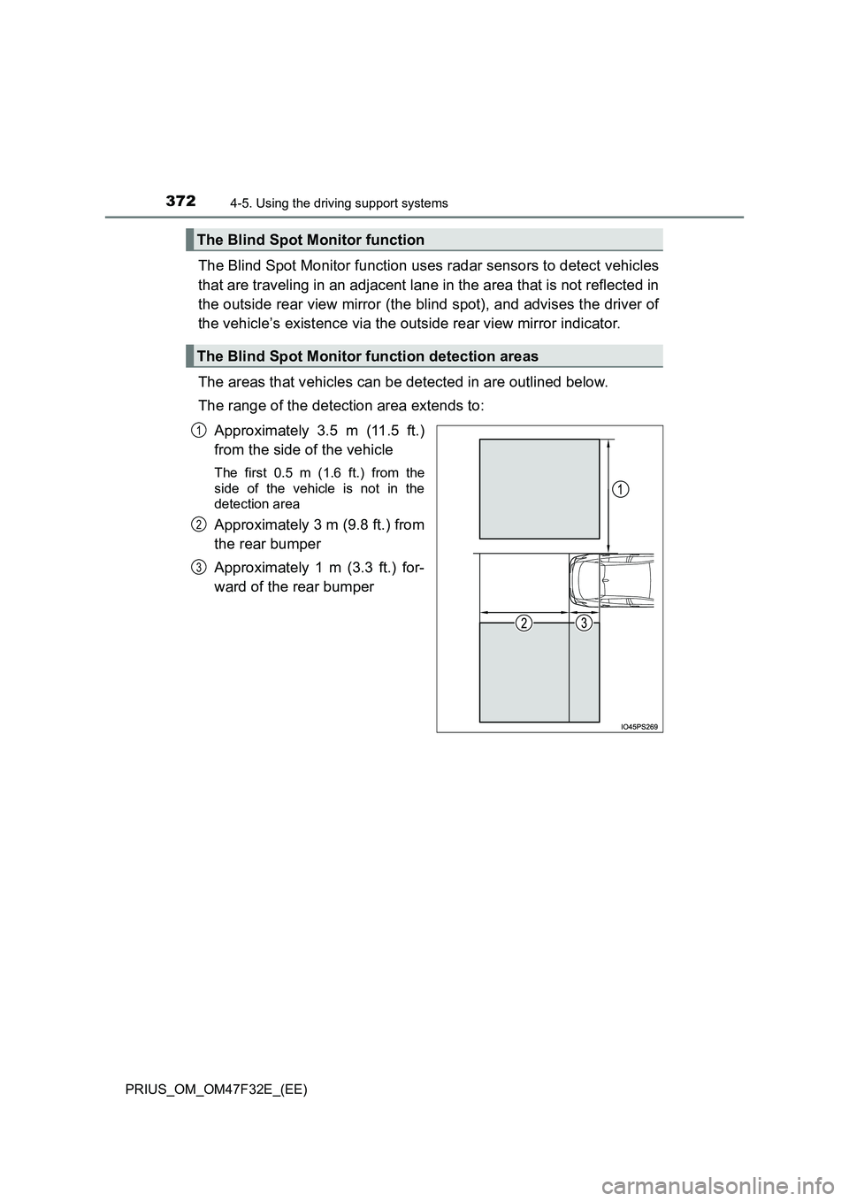 TOYOTA PRIUS 2023 Owners Manual 3724-5. Using the driving support systems
PRIUS_OM_OM47F32E_(EE)
The Blind Spot Monitor function uses radar sensors to detect vehicles
that are traveling in an adjacent lane in the area that is not re TOYOTA PRIUS 2023 Owners Manual 3724-5. Using the driving support systems
PRIUS_OM_OM47F32E_(EE)
The Blind Spot Monitor function uses radar sensors to detect vehicles
that are traveling in an adjacent lane in the area that is not re