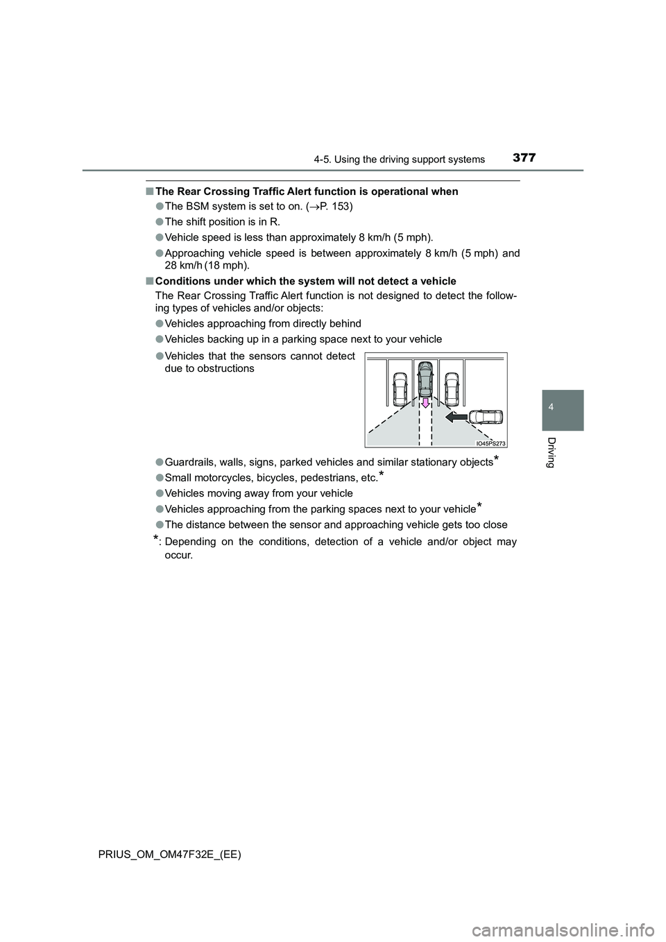 TOYOTA PRIUS 2023 Owners Manual 3774-5. Using the driving support systems
4
Driving
PRIUS_OM_OM47F32E_(EE)
■The Rear Crossing Traffic Alert function is operational when
● The BSM system is set to on. (P. 153)
● The shift TOYOTA PRIUS 2023 Owners Manual 3774-5. Using the driving support systems
4
Driving
PRIUS_OM_OM47F32E_(EE)
■The Rear Crossing Traffic Alert function is operational when
● The BSM system is set to on. (P. 153)
● The shift