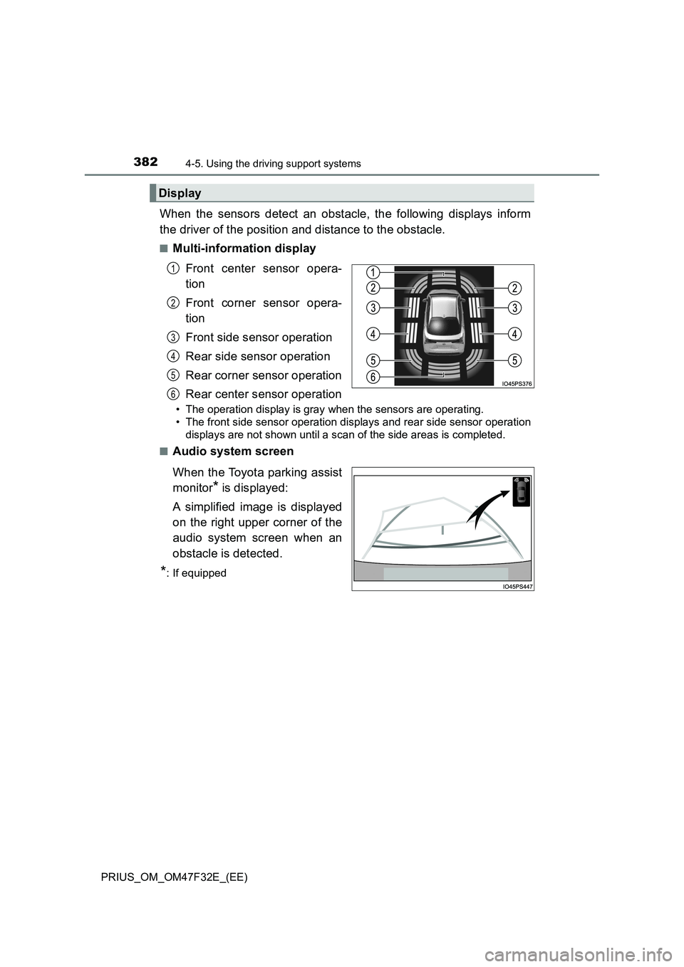 TOYOTA PRIUS 2023  Owners Manual 3824-5. Using the driving support systems
PRIUS_OM_OM47F32E_(EE)
When the sensors detect an obstacle, the following displays inform
the driver of the position and distance to the obstacle.
■Multi-in