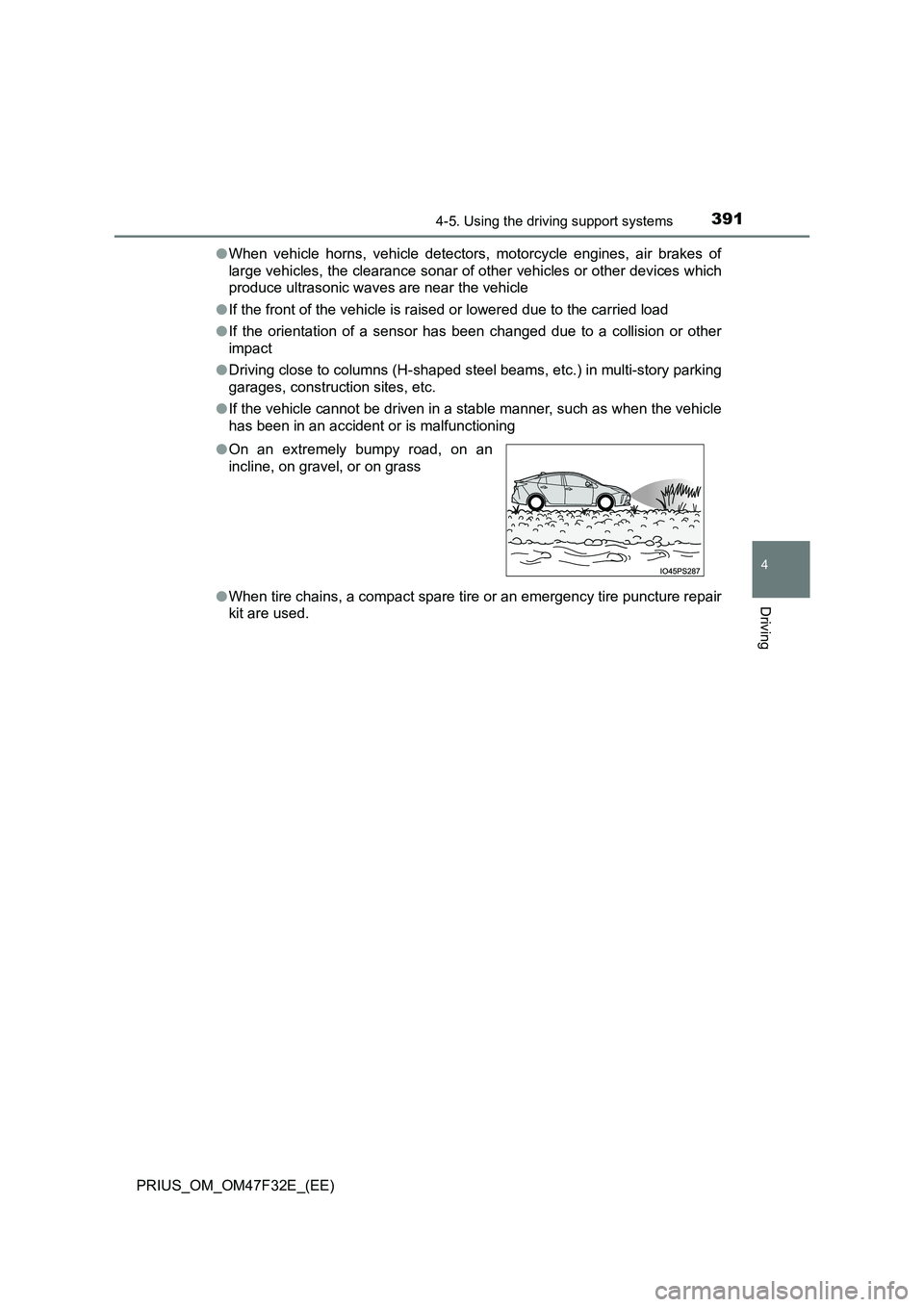 TOYOTA PRIUS 2023  Owners Manual 3914-5. Using the driving support systems
4
Driving
PRIUS_OM_OM47F32E_(EE) 
● When vehicle horns, vehicle detectors, motorcycle engines, air brakes of 
large vehicles, the clearance sonar of ot her 
