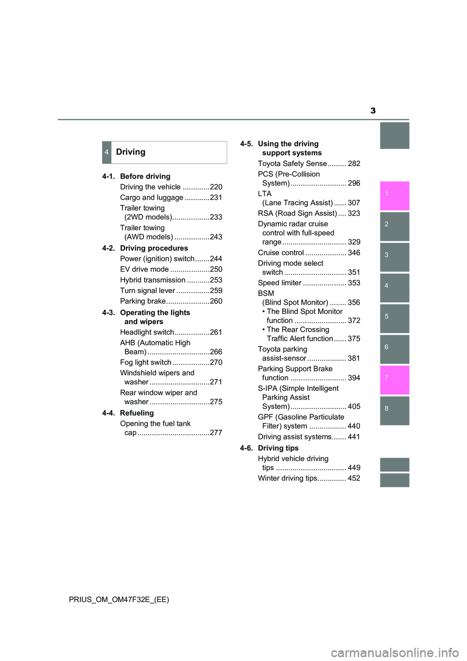 TOYOTA PRIUS 2023 Owners Manual 3
1
8
7
6
5
4
3
2
PRIUS_OM_OM47F32E_(EE)
4-1. Before driving
Driving the vehicle .............220
Cargo and luggage ............231
Trailer towing
(2WD models)..................233
Trailer to TOYOTA PRIUS 2023 Owners Manual 3
1
8
7
6
5
4
3
2
PRIUS_OM_OM47F32E_(EE)
4-1. Before driving
Driving the vehicle .............220
Cargo and luggage ............231
Trailer towing
(2WD models)..................233
Trailer to