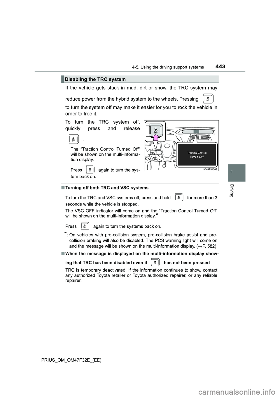 TOYOTA PRIUS 2023 Owners Manual 4434-5. Using the driving support systems
4
Driving
PRIUS_OM_OM47F32E_(EE)
If the vehicle gets stuck in mud, dirt or snow, the TRC system may
reduce power from the hybrid system to the wheels. Pressi TOYOTA PRIUS 2023 Owners Manual 4434-5. Using the driving support systems
4
Driving
PRIUS_OM_OM47F32E_(EE)
If the vehicle gets stuck in mud, dirt or snow, the TRC system may
reduce power from the hybrid system to the wheels. Pressi