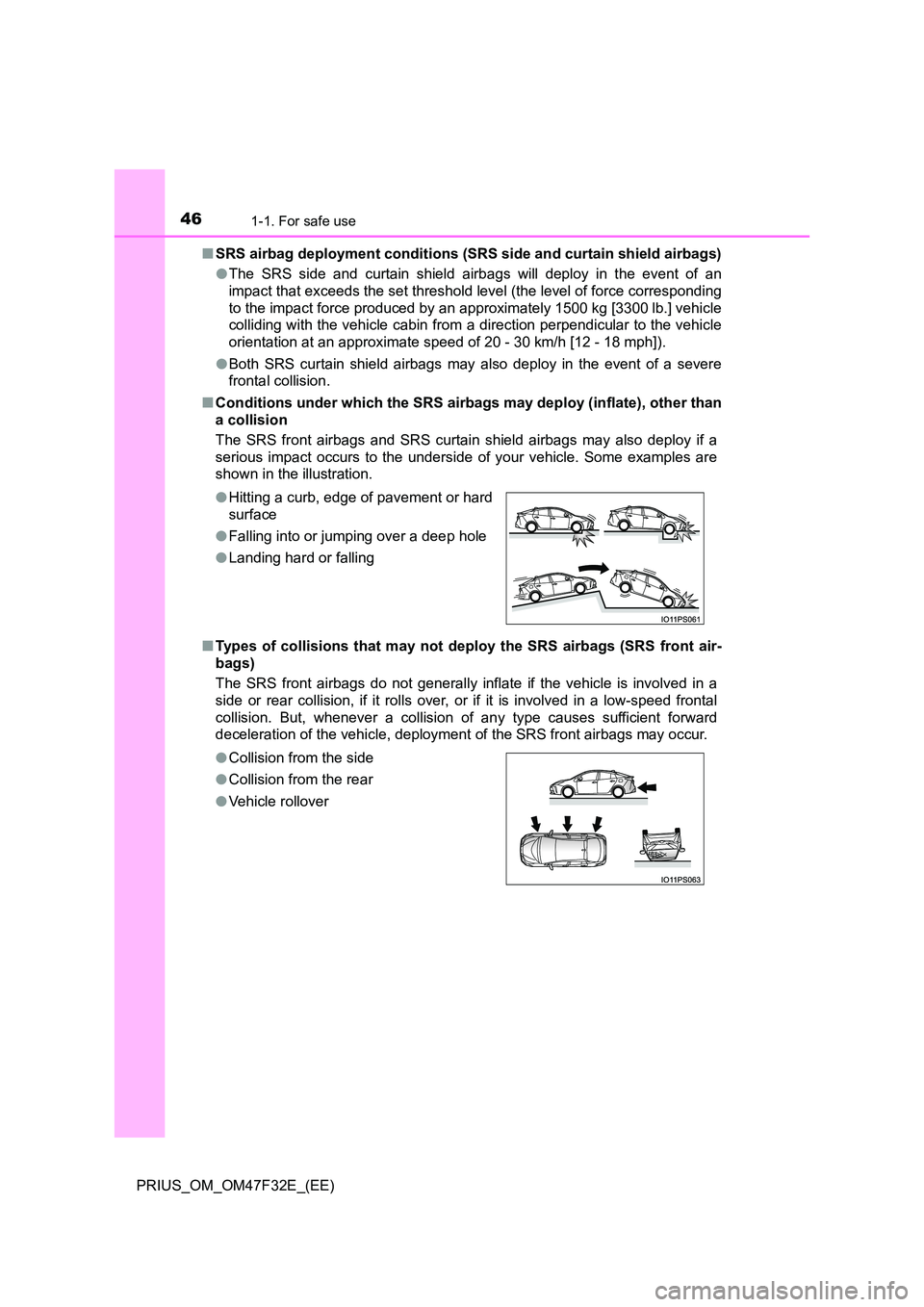 TOYOTA PRIUS 2023 Service Manual 461-1. For safe use
PRIUS_OM_OM47F32E_(EE) 
■ SRS airbag deployment conditions (SRS side and curtain shield airbags) 
● The SRS side and curtain shield airbags will deploy in the event of an 
impa